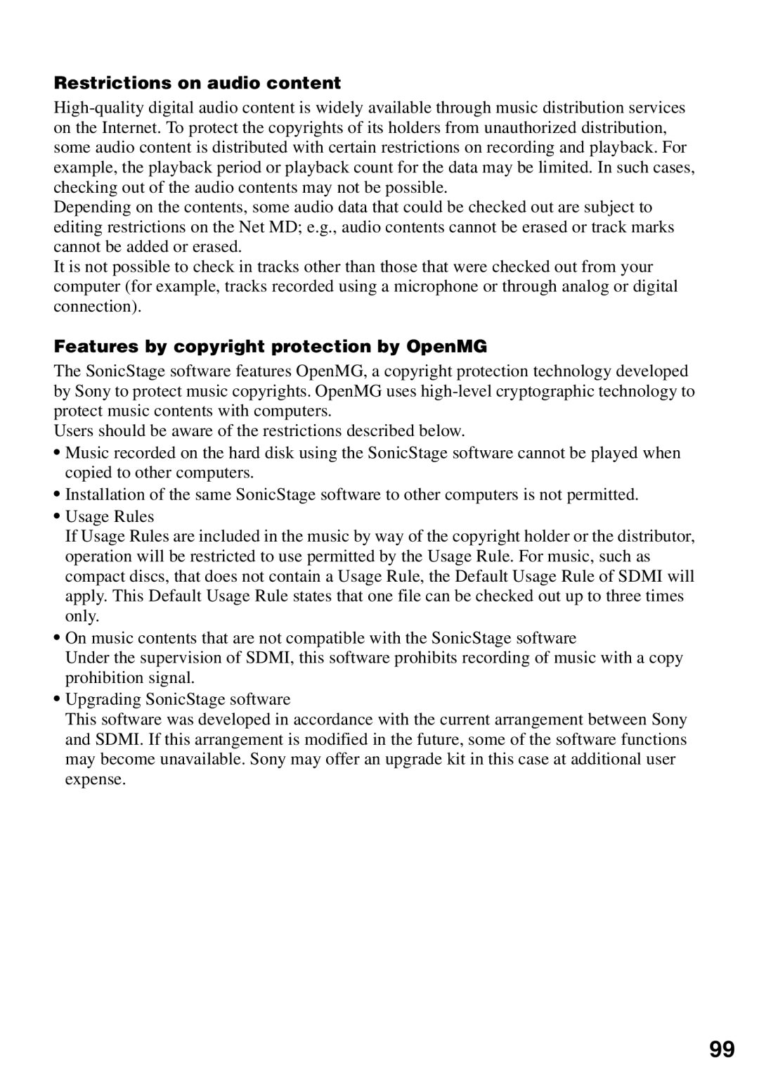 Sony MZ-N510 operating instructions Restrictions on audio content, Features by copyright protection by OpenMG 