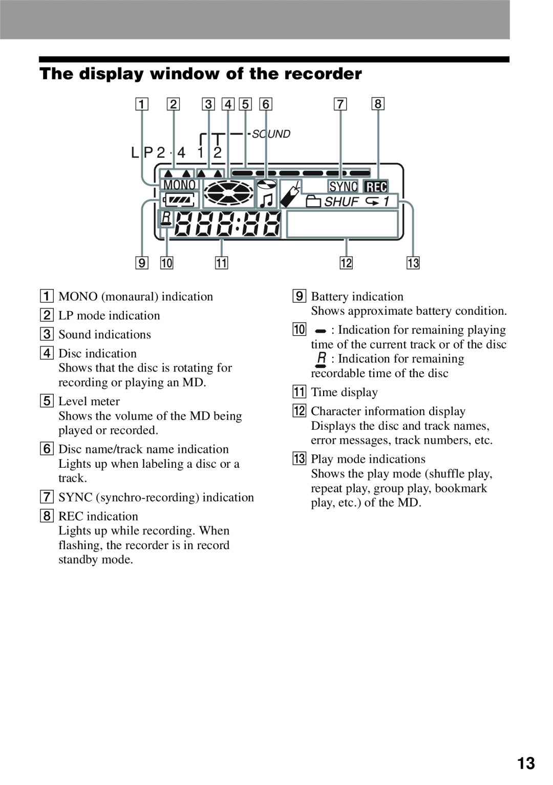 Sony MZ-N510 operating instructions The display window of the recorder, L P 2 . 4, 3 4 5, 9 q; qa, qs qd 