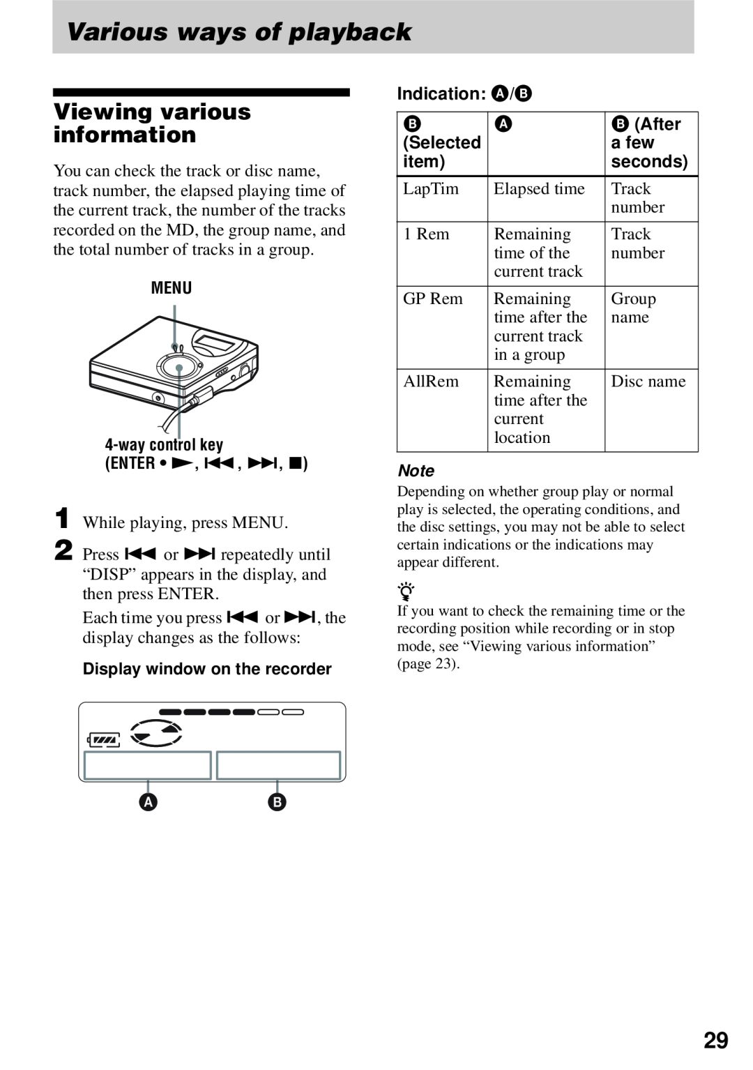 Sony MZ-N510 Various ways of playback, Viewing various information, MENU 4-waycontrol key ENTER • N, ., >, Indication: A/B 