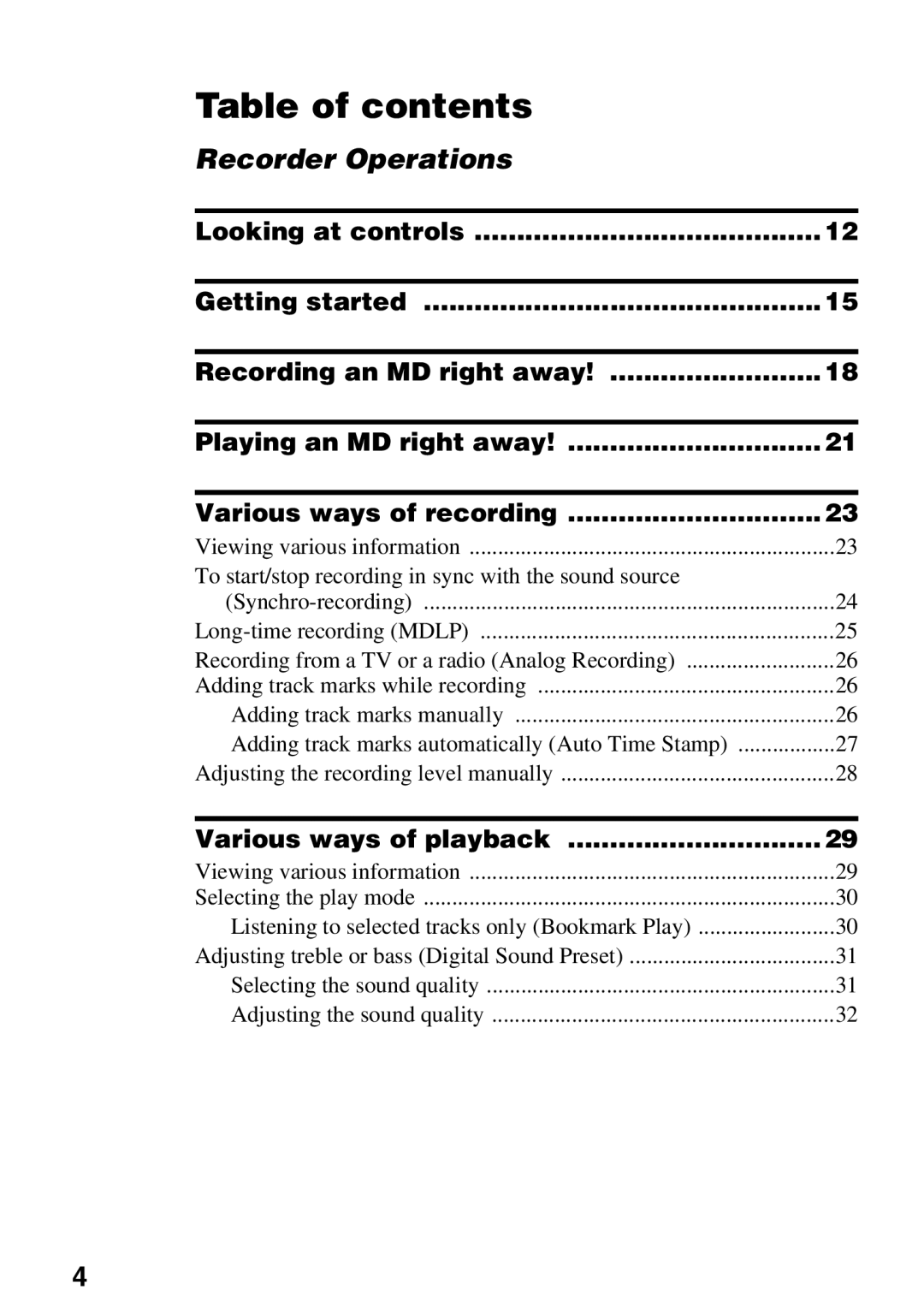 Sony MZ-N510 operating instructions Table of contents, Recorder Operations 