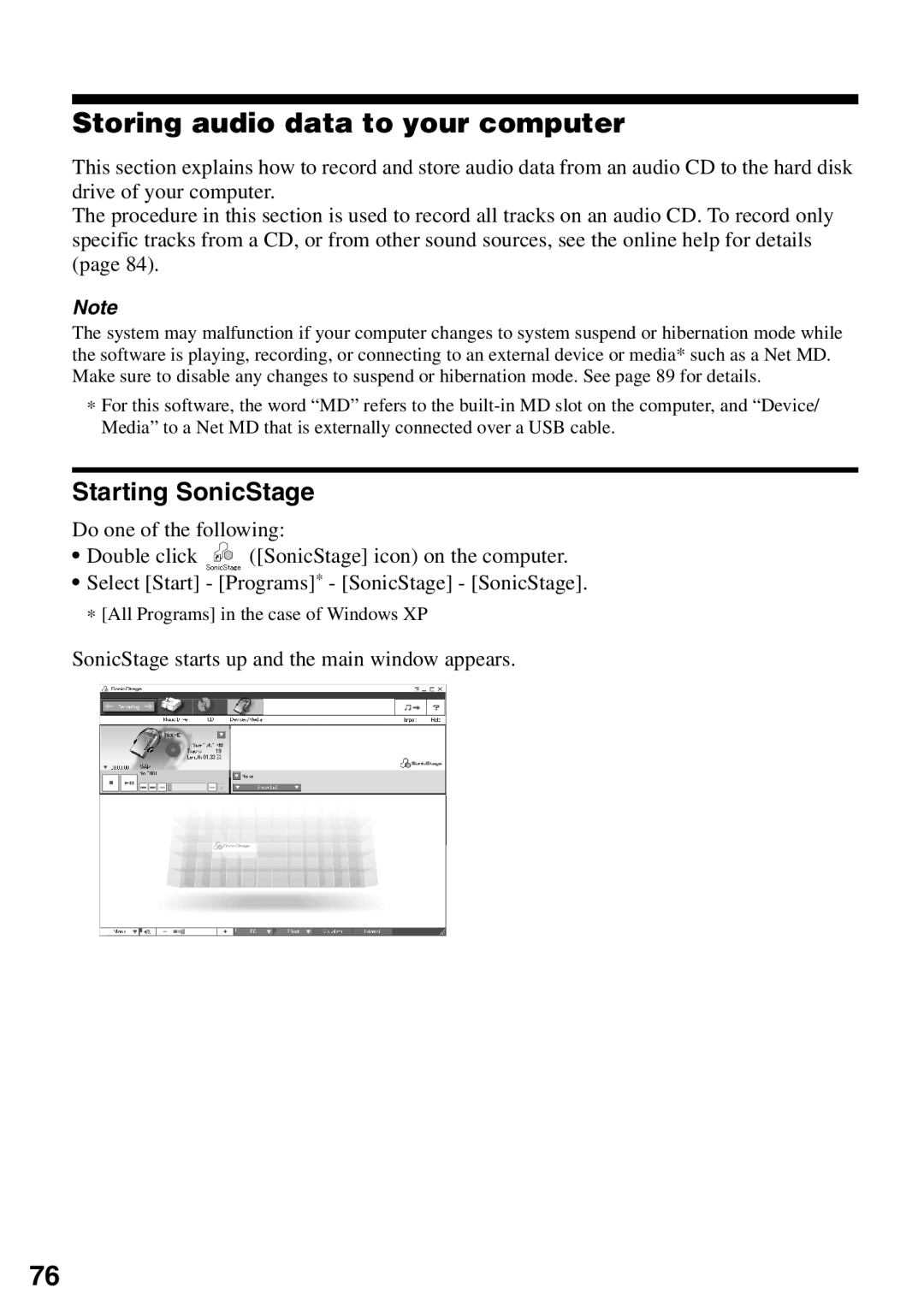 Sony MZ-N510 operating instructions Storing audio data to your computer, Starting SonicStage 
