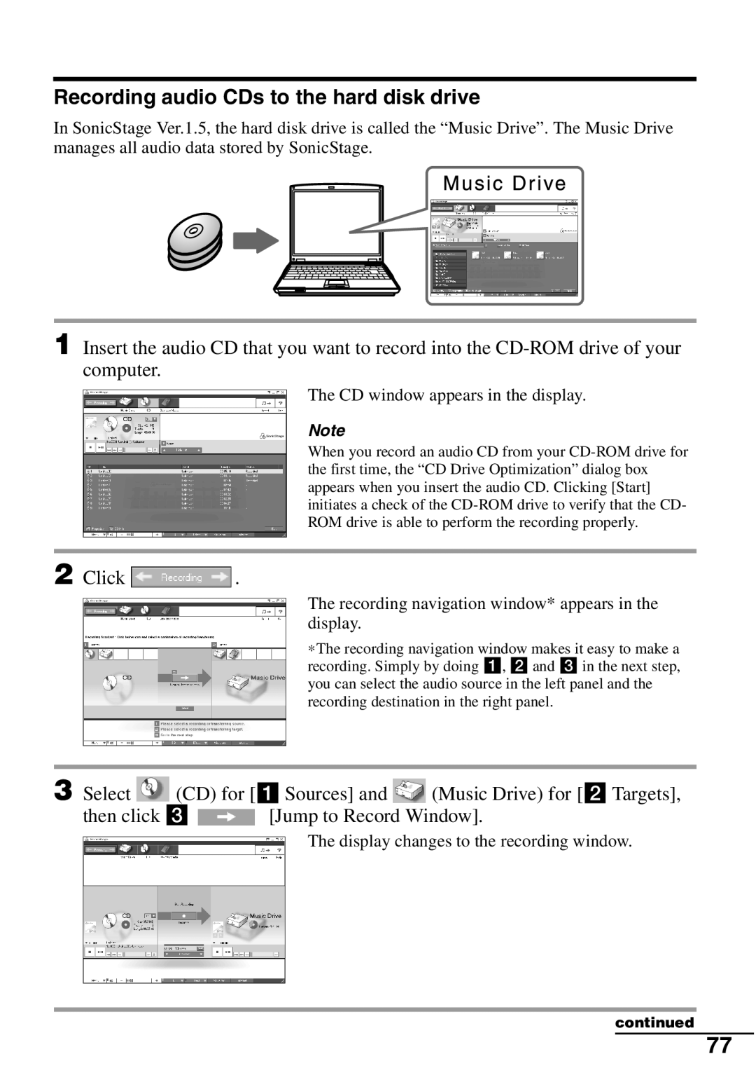 Sony MZ-N510 operating instructions Recording audio CDs to the hard disk drive, Click, then click 3 Jump to Record Window 