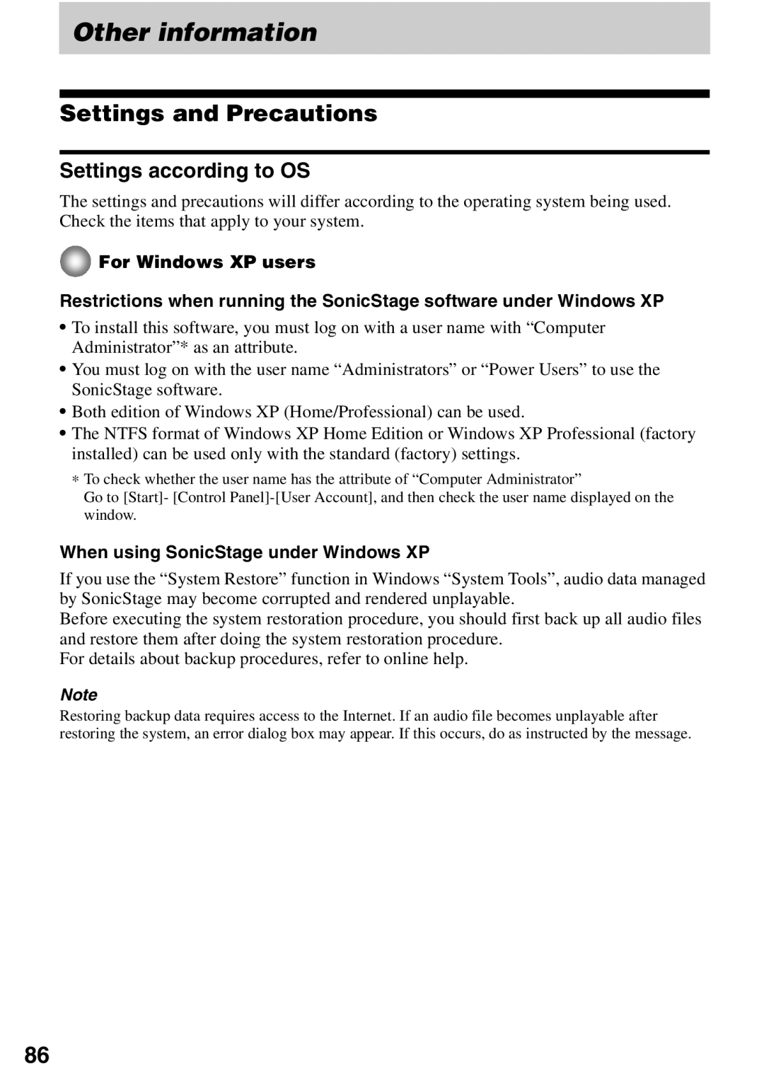Sony MZ-N510 Other information, Settings and Precautions, For Windows XP users, When using SonicStage under Windows XP 