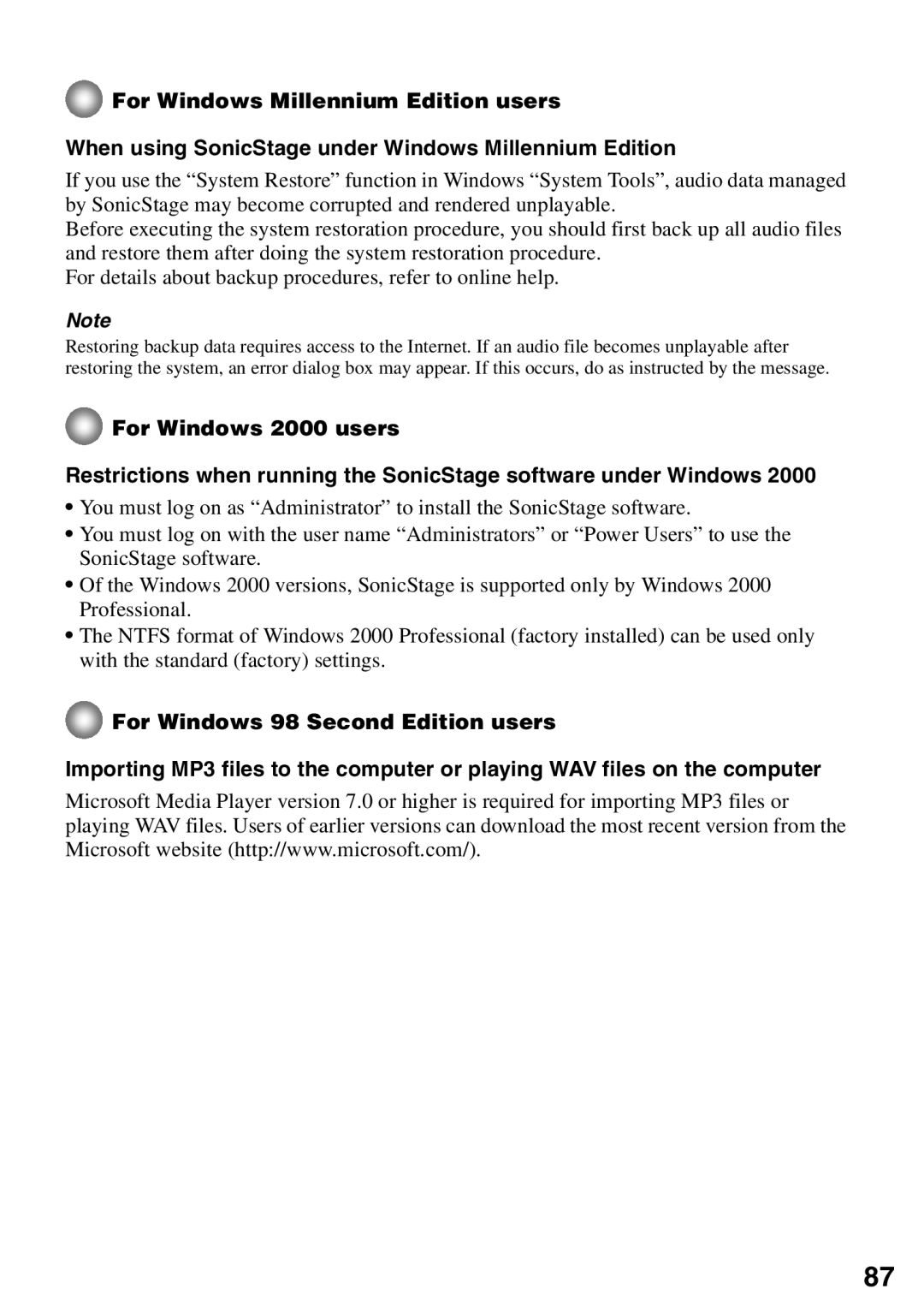 Sony MZ-N510 For Windows Millennium Edition users, For Windows 2000 users, For Windows 98 Second Edition users 