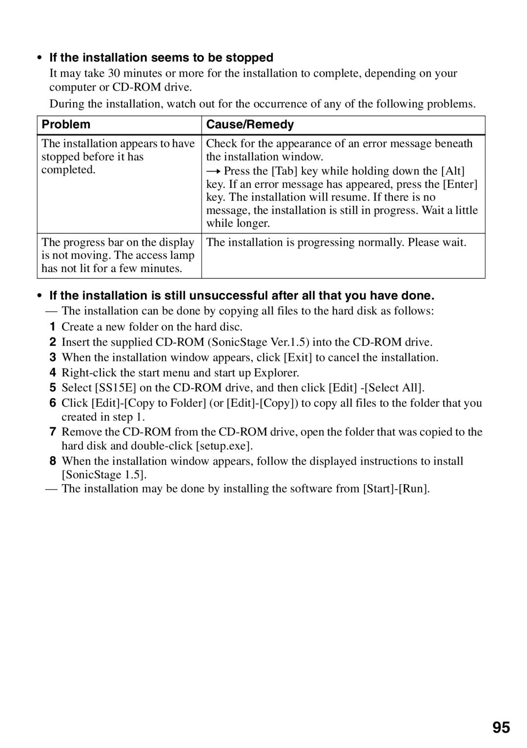 Sony MZ-N510 operating instructions •If the installation seems to be stopped, Problem, Cause/Remedy 