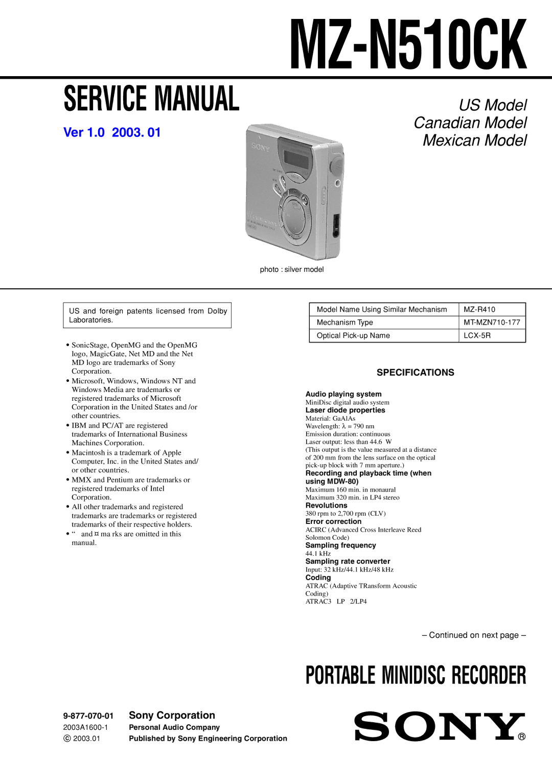 Sony MZ-N510CK service manual 