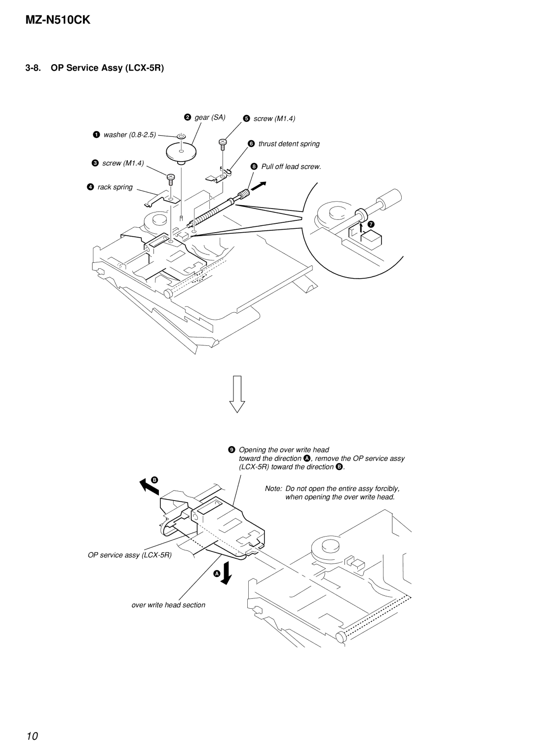 Sony MZ-N510CK service manual OP Service Assy LCX-5R, Screw M1.4 Pull off lead screw Rack spring 