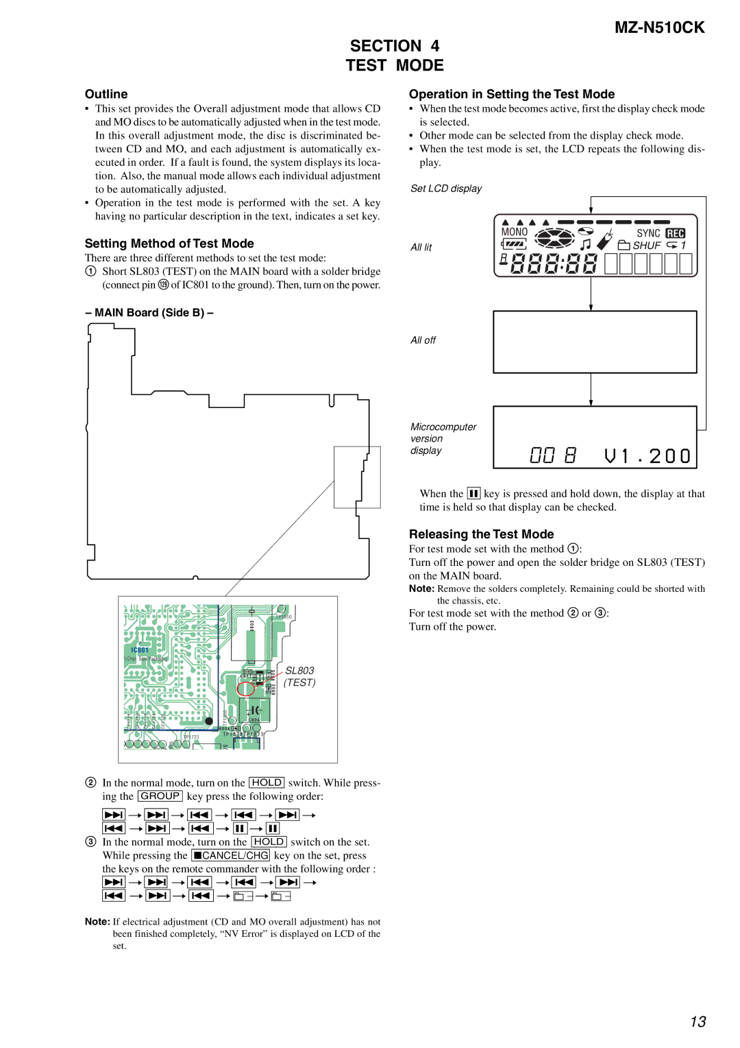 Sony MZ-N510CK Section Test Mode, Outline, Setting Method of Test Mode, Operation in Setting the Test Mode 