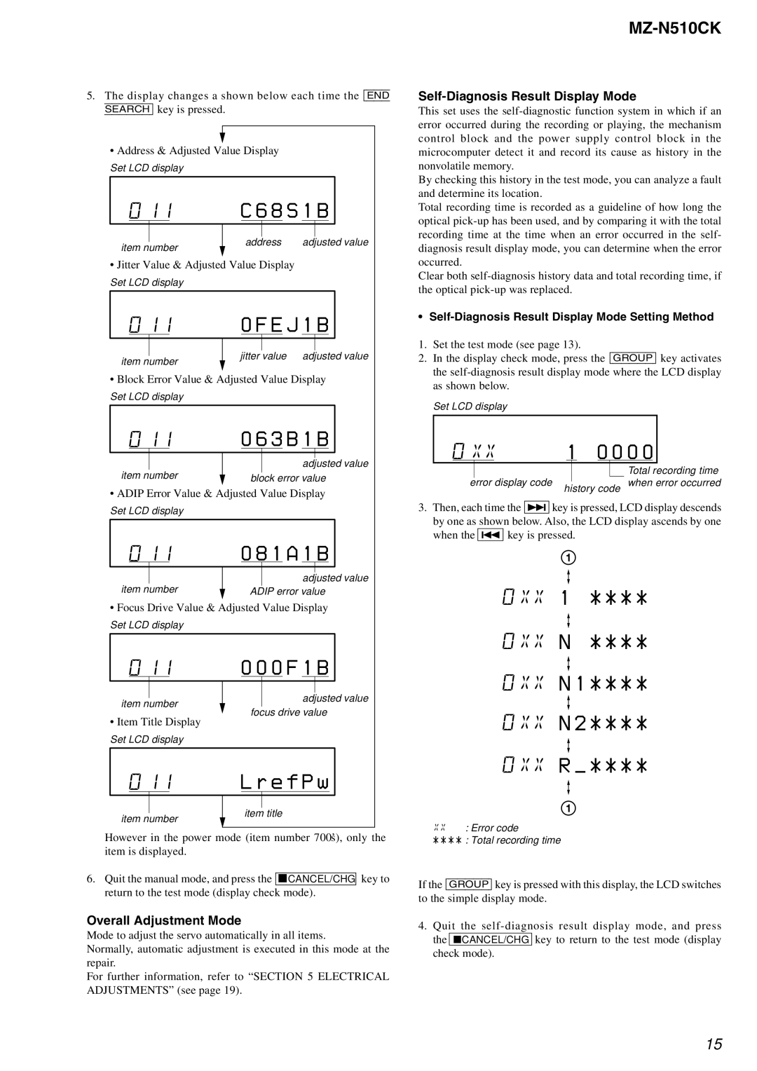 Sony MZ-N510CK service manual 0XX N 0XX R, Overall Adjustment Mode, Self-Diagnosis Result Display Mode 