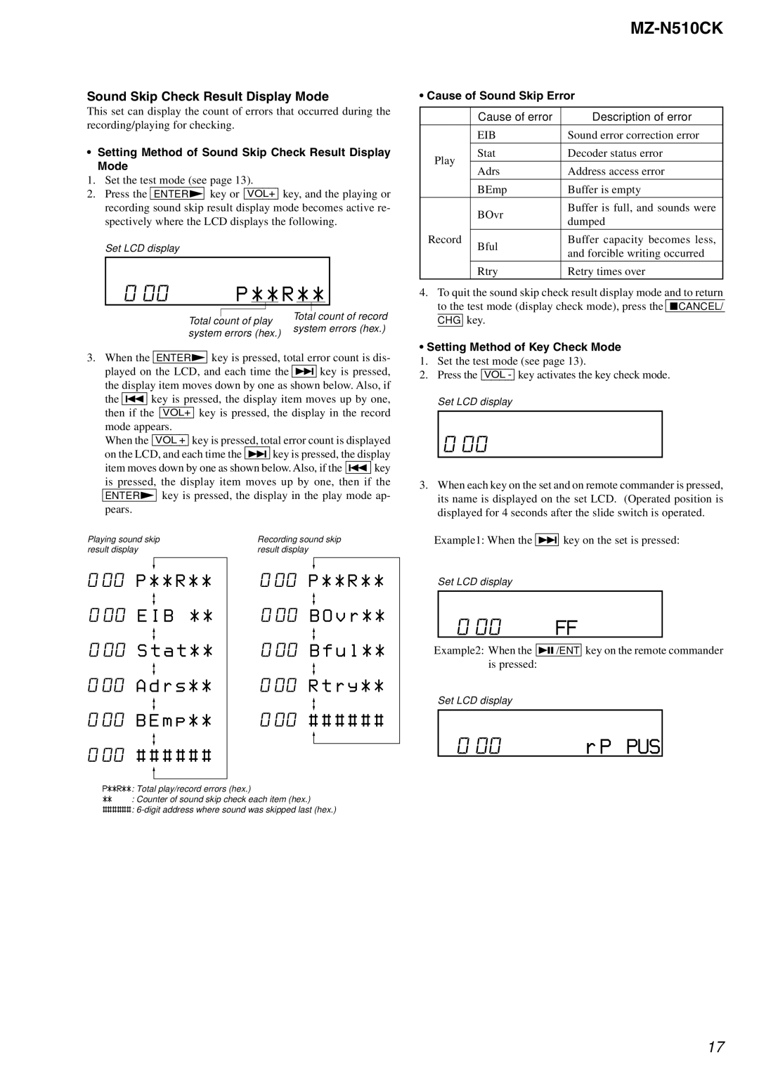 Sony MZ-N510CK service manual 000 P**R, Rp Pus, Sound Skip Check Result Display Mode 