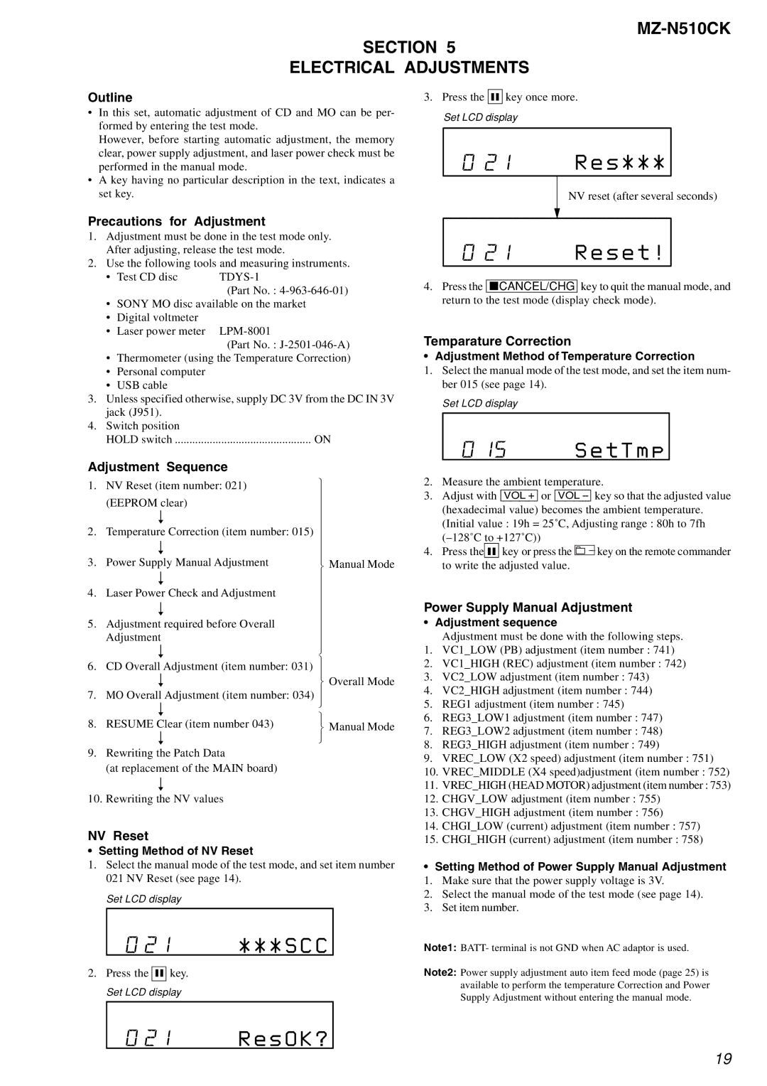 Sony service manual E s, S e t, T T m p, MZ-N510CK Section Electrical Adjustments 