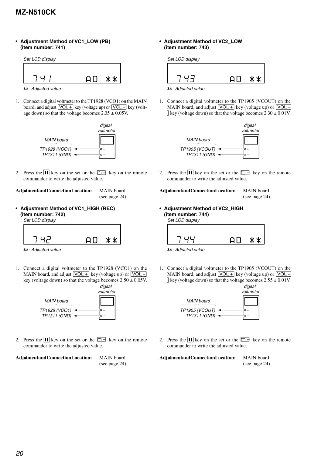 Sony MZ-N510CK service manual Adjustment and Connection LocationMAIN board 