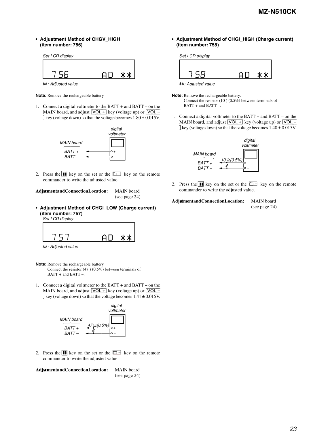 Sony MZ-N510CK Adjustment Method of Chgvhigh item number, Adjustment Method of Chgihigh Charge current item number 