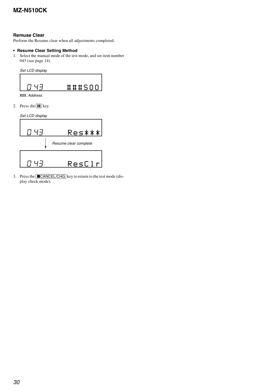 Sony MZ-N510CK service manual ###S00, S C l r, Remuse Clear, Resume Clear Setting Method 