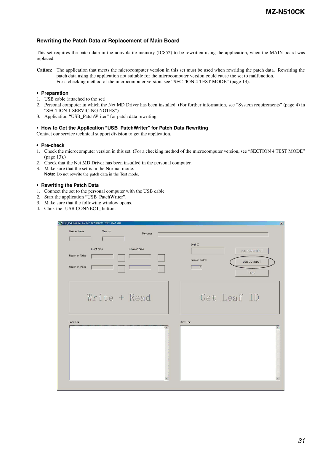 Sony MZ-N510CK service manual Rewriting the Patch Data at Replacement of Main Board, Preparation, Pre-check 