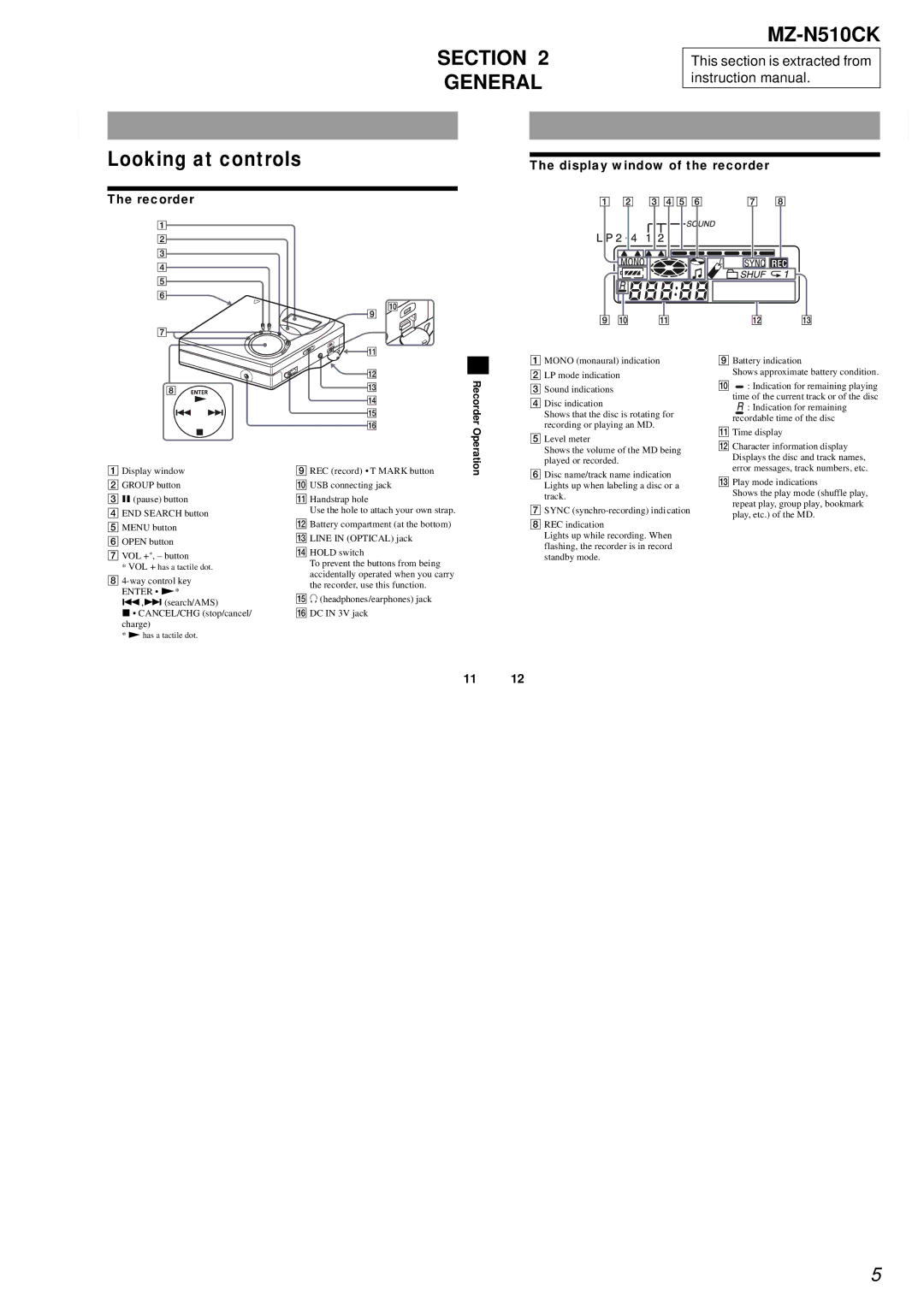 Sony service manual Looking at controls, Section General MZ-N510CK 