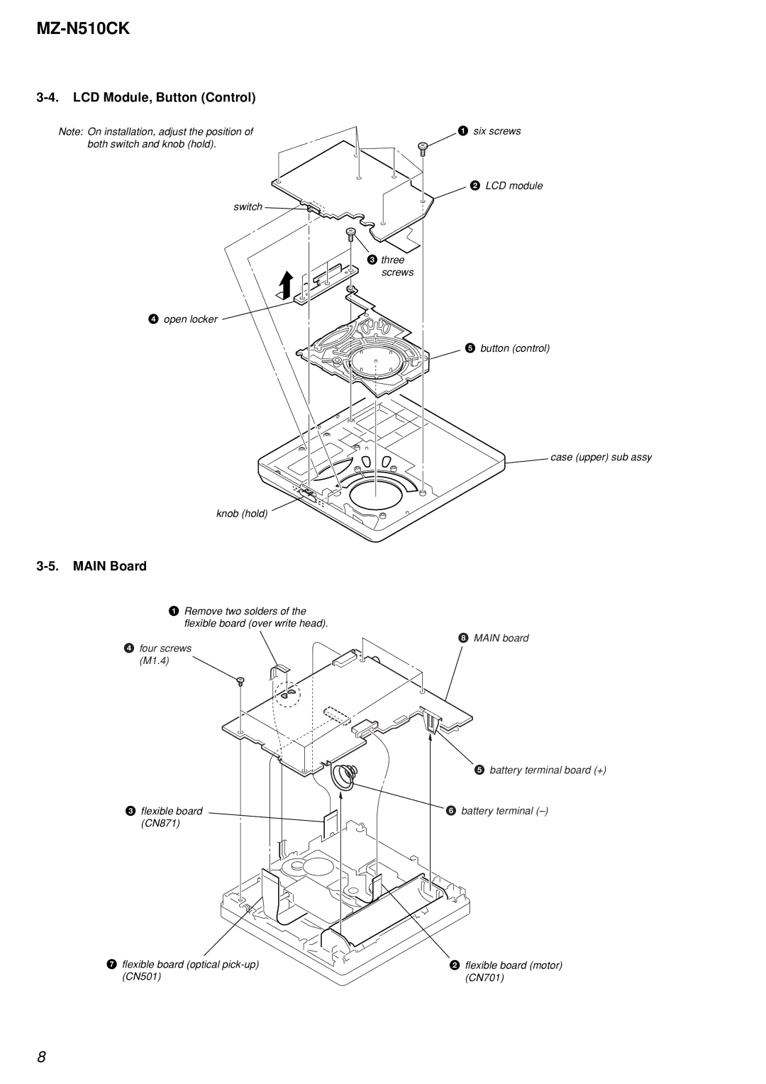 Sony MZ-N510CK service manual LCD Module, Button Control, Main Board 