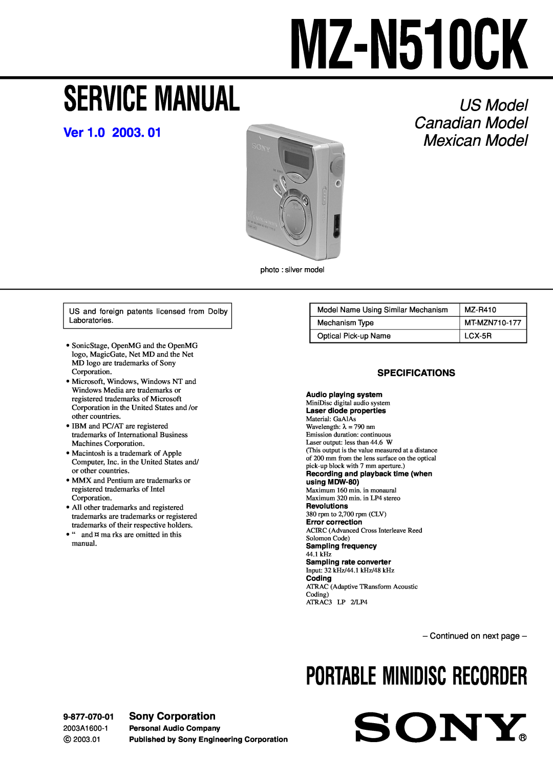 Sony MZ-N510CK service manual Portable Minidisc Recorder, US Model, Canadian Model, Mexican Model, Ver, Sony Corporation 