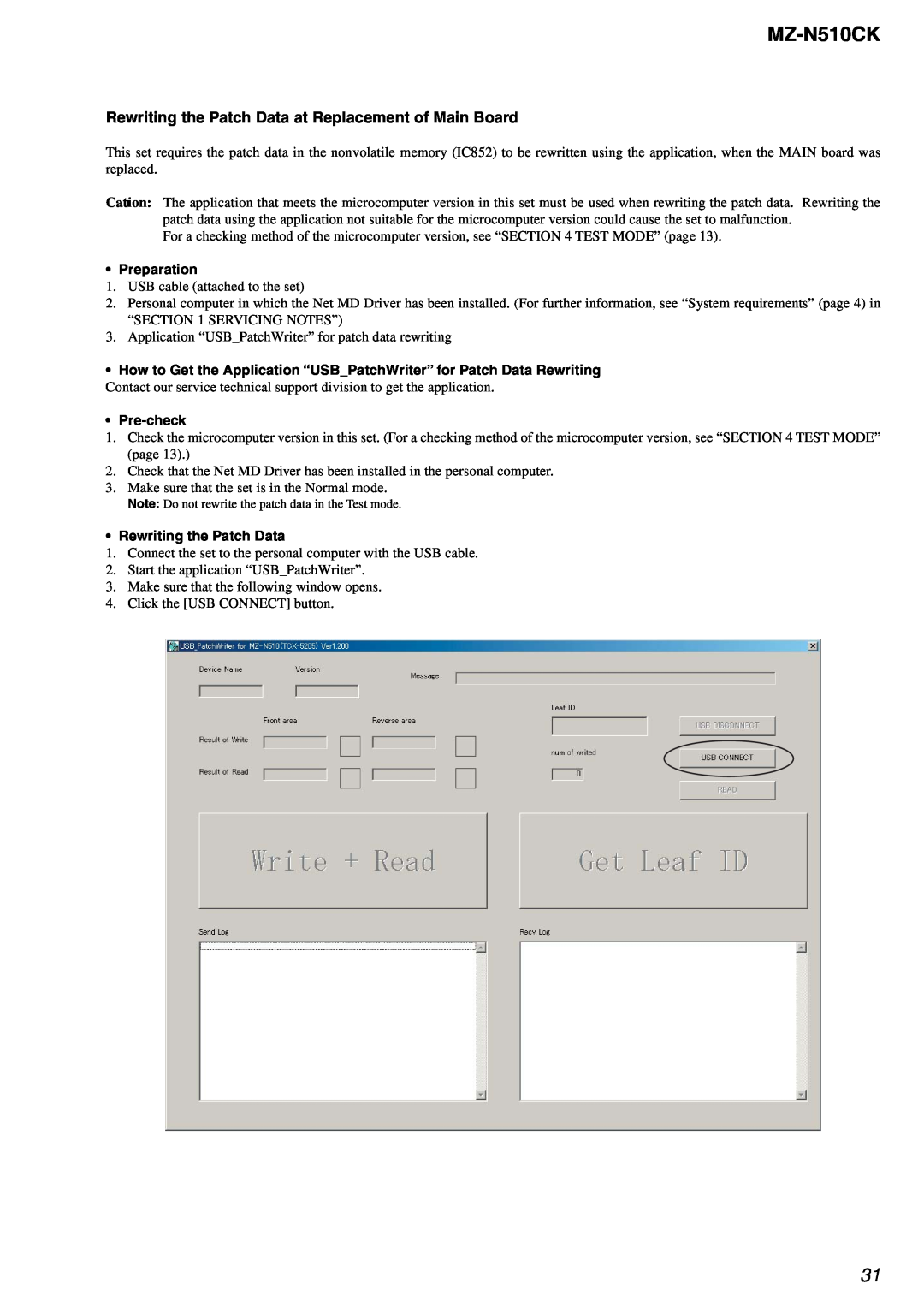 Sony MZ-N510CK service manual Preparation, Pre-check, Rewriting the Patch Data 