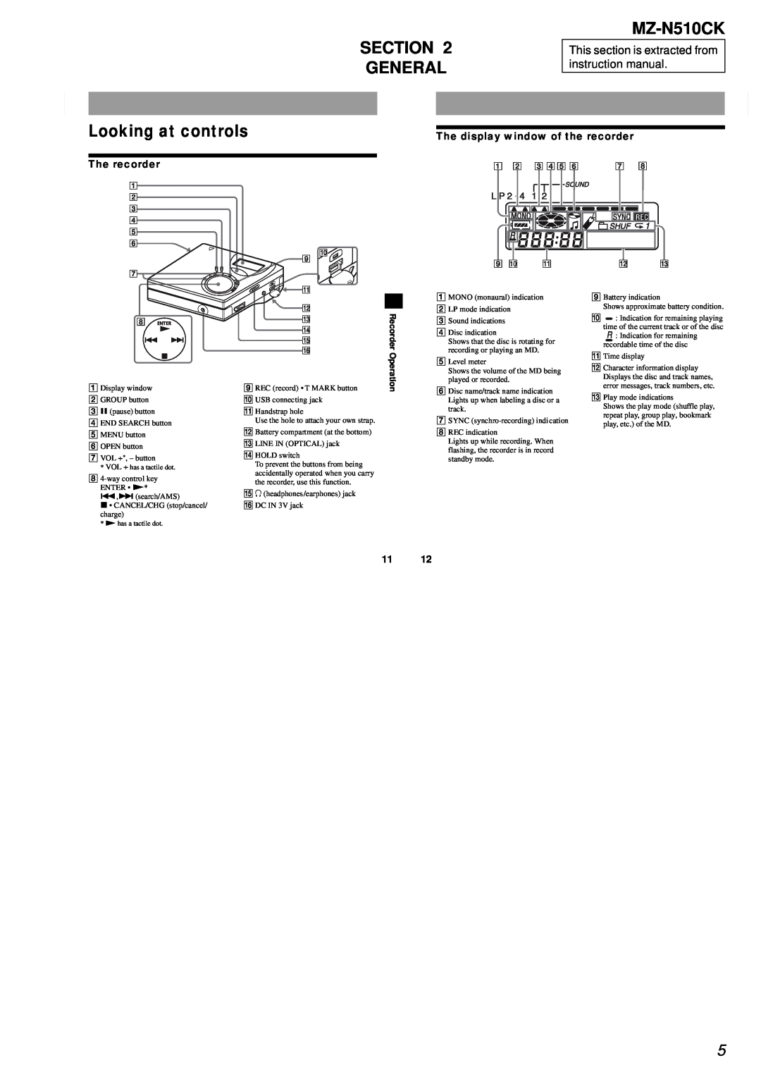 Sony MZ-N510CK service manual Section General, Looking at controls, Recorder Operation 