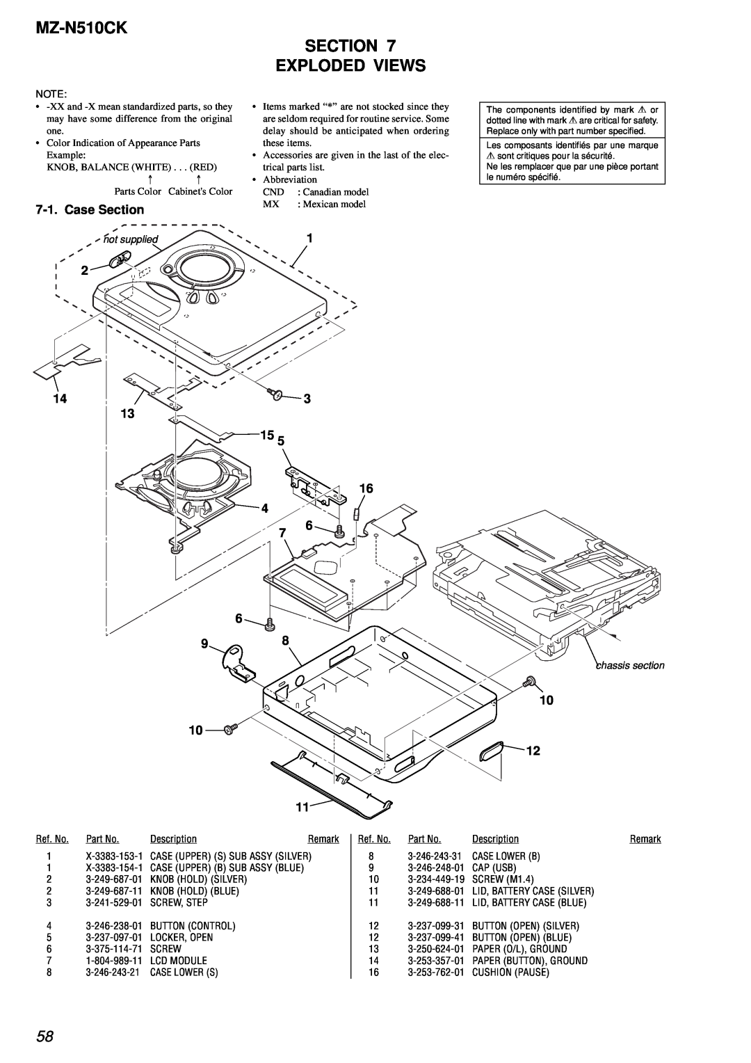 Sony service manual MZ-N510CK SECTION EXPLODED VIEWS, Case Section, 15 4 