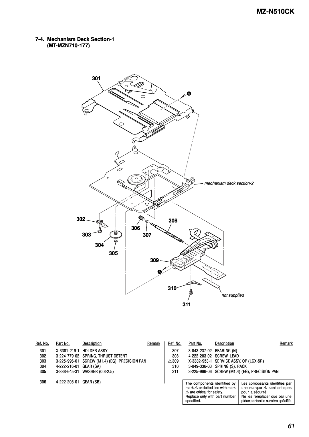 Sony MZ-N510CK service manual Mechanism Deck MT-MZN710-177, 308, 303307 