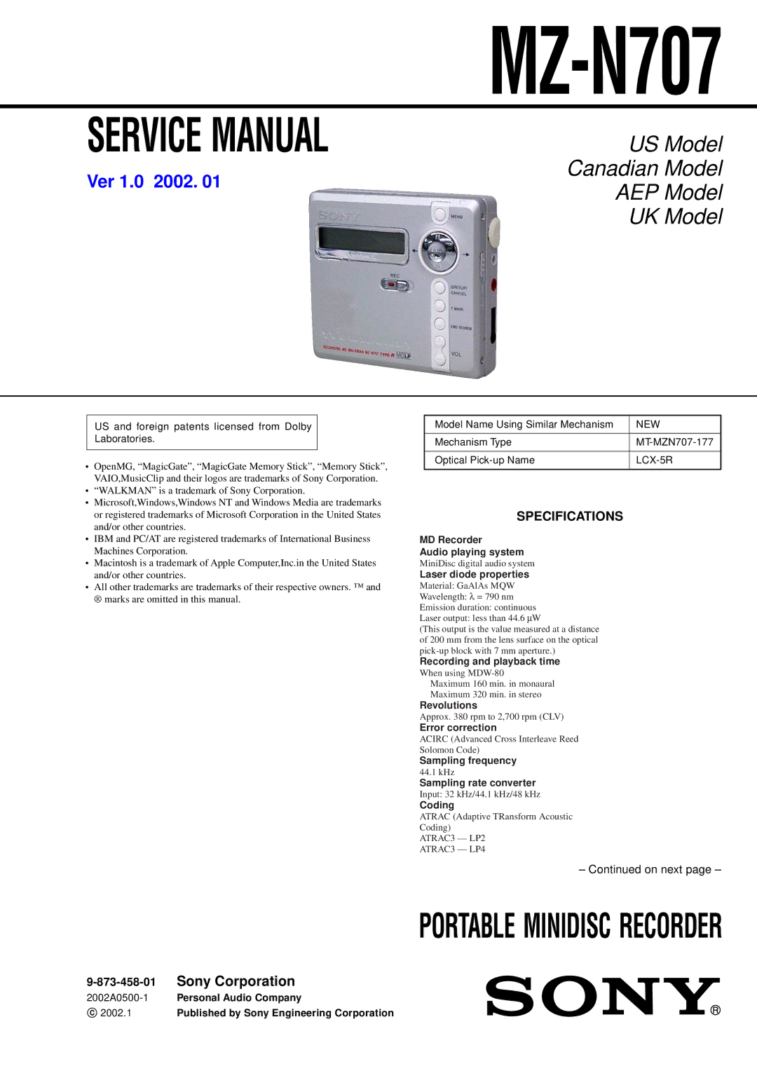 Sony MZ-N707 service manual Specifications, 873-458-01 