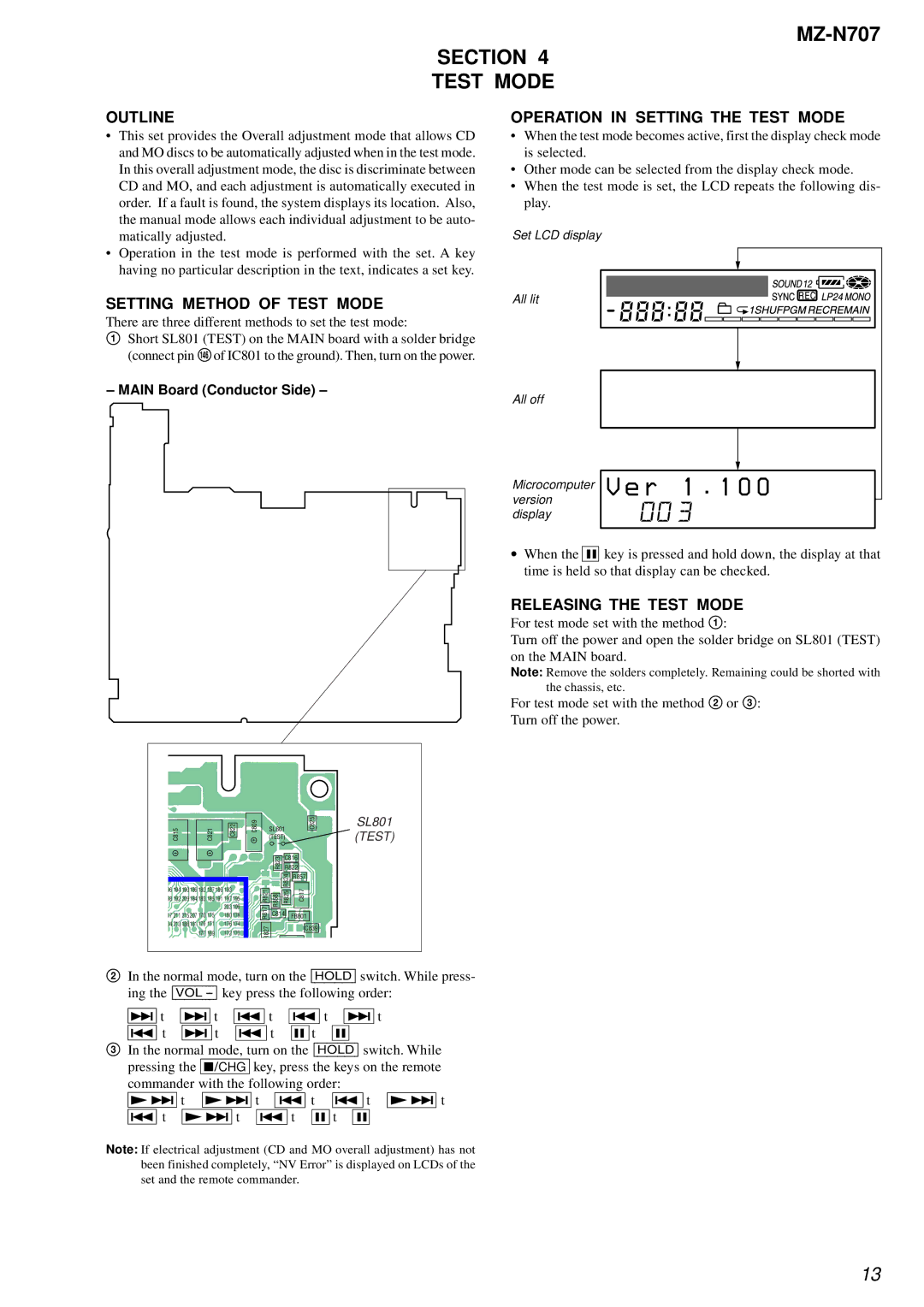 Sony MZ-N707 service manual Section Test Mode, Outline, Setting Method of Test Mode, Operation in Setting the Test Mode 