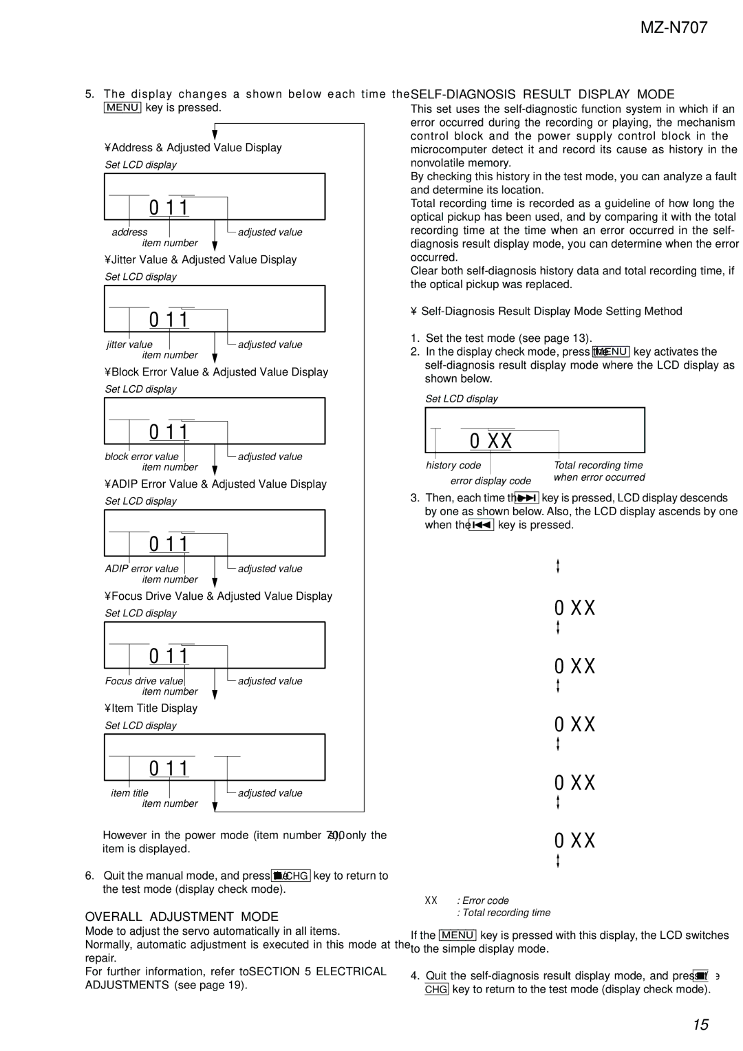 Sony MZ-N707 service manual 8 S 1 B, E J 1 B, Overall Adjustment Mode, SELF-DIAGNOSIS Result Display Mode 