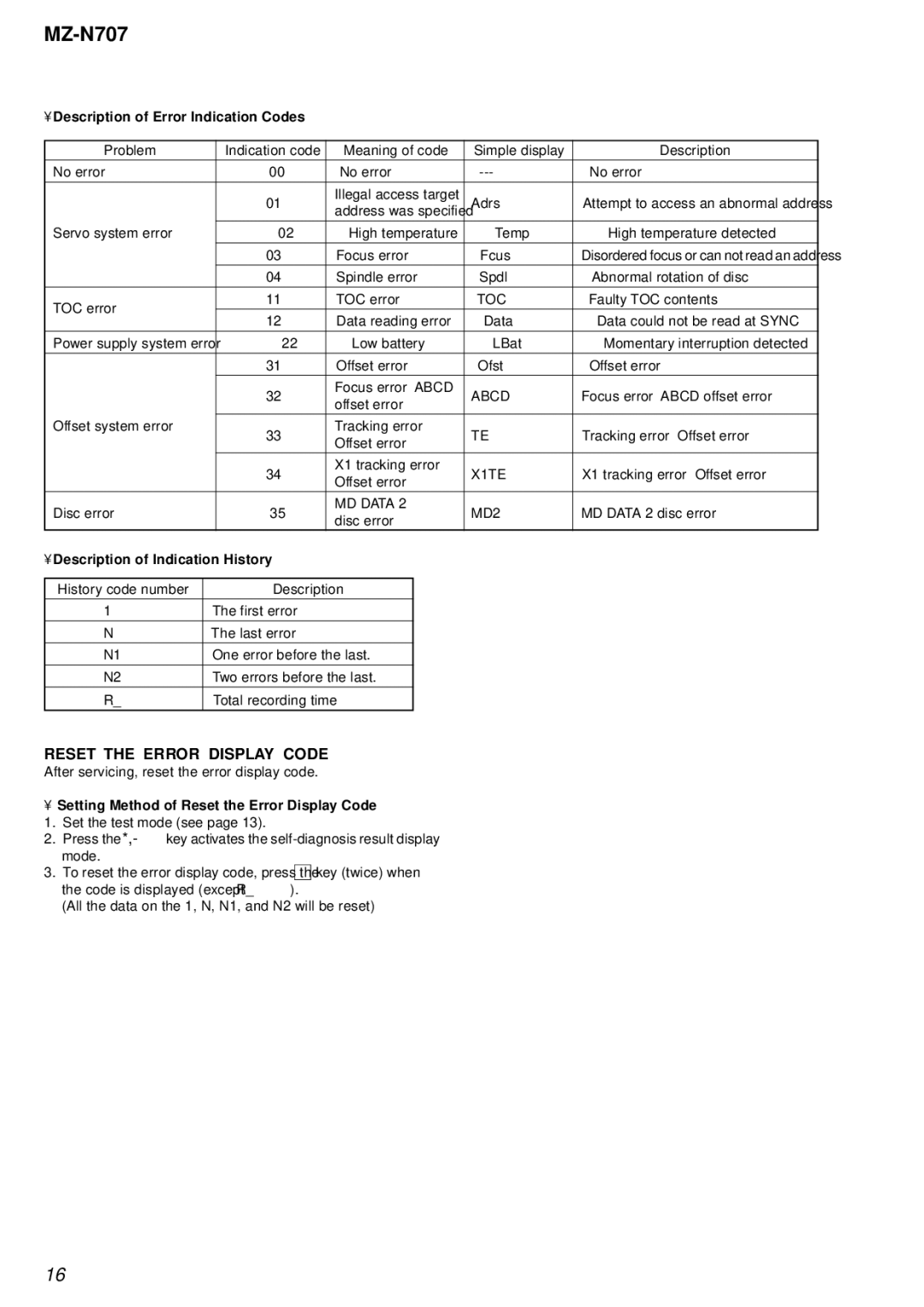 Sony MZ-N707 Reset the Error Display Code, Description of Error Indication Codes, Description of Indication History 