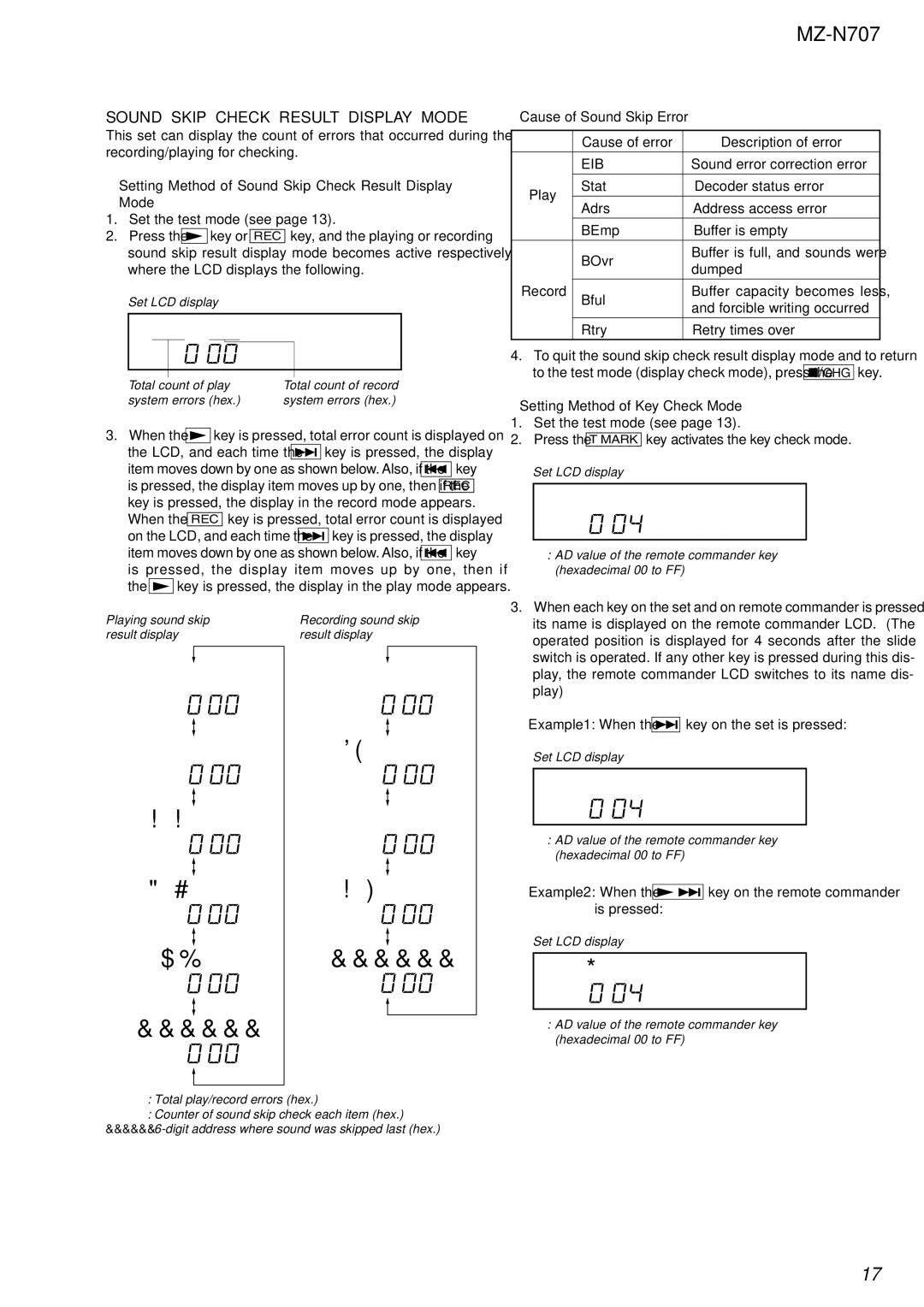 Sony MZ-N707 service manual V r, A t U l R s R y M p # # # # # #, L a Y * * 0, Sound Skip Check Result Display Mode 