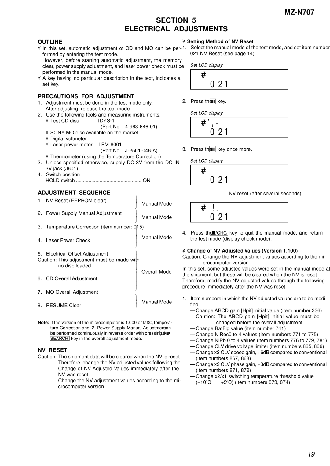 Sony MZ-N707 service manual S N V C C, S O K ?, S e t, Section Electrical Adjustments 