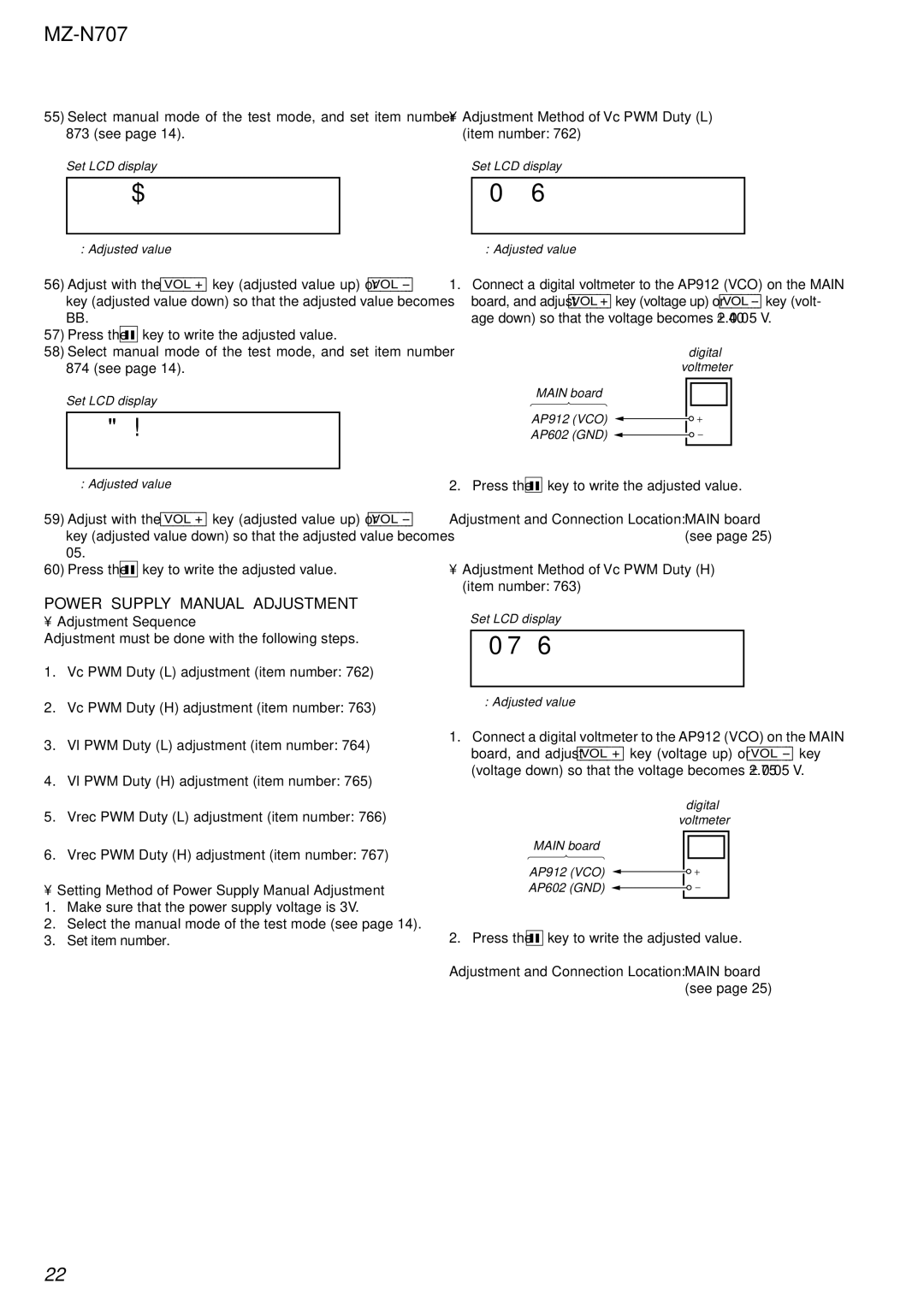 Sony MZ-N707 service manual L P W M * * 7, H P W M * * 7, Power Supply Manual Adjustment 