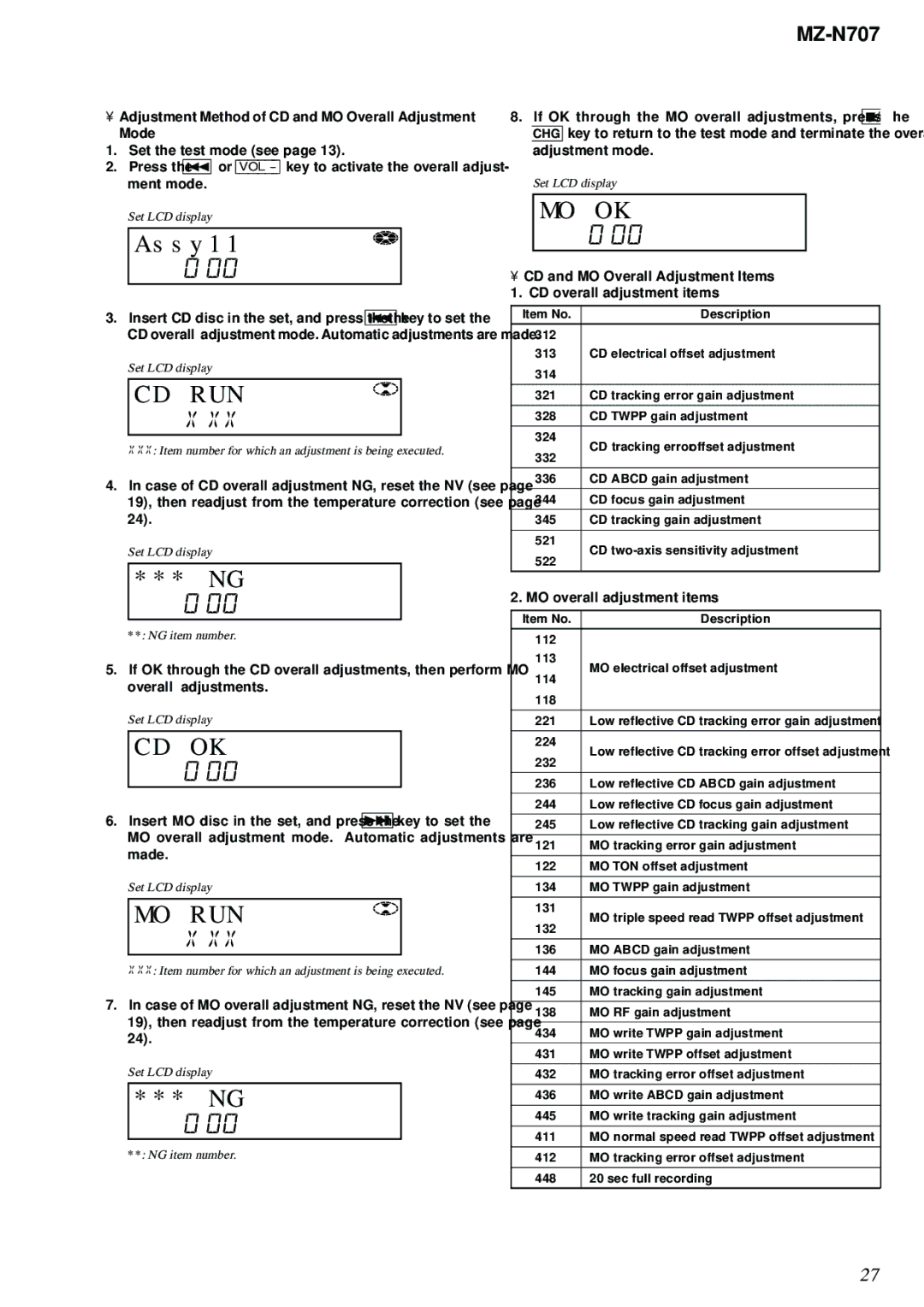 Sony MZ-N707 service manual Adjustment Method of CD and MO Overall Adjustment Mode, CD and MO Overall Adjustment Items 