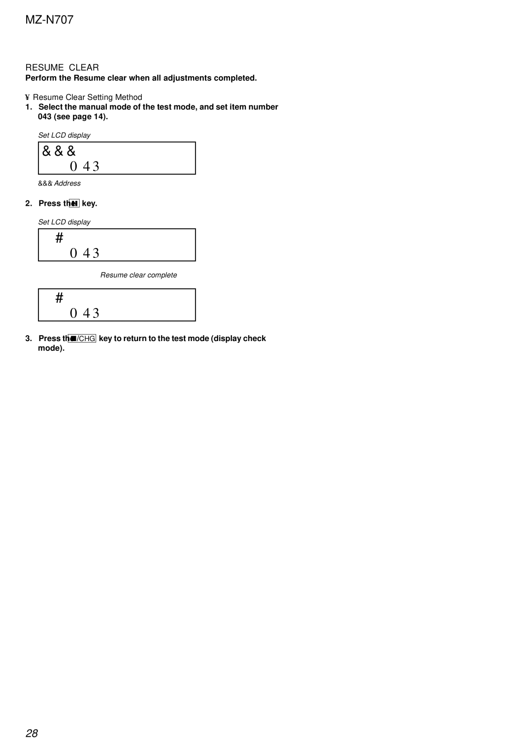 Sony MZ-N707 service manual # # # S 0 0 0, S C l r 0, Resume Clear Setting Method 