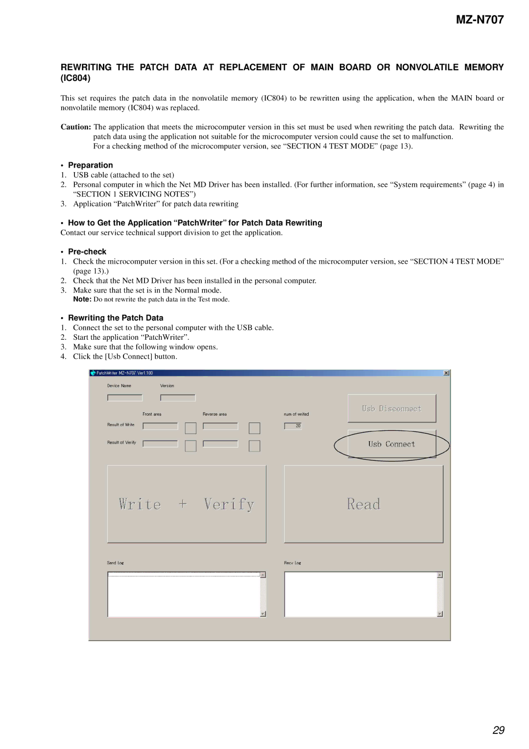 Sony MZ-N707 service manual Preparation, Servicing Notes, Pre-check, Rewriting the Patch Data 