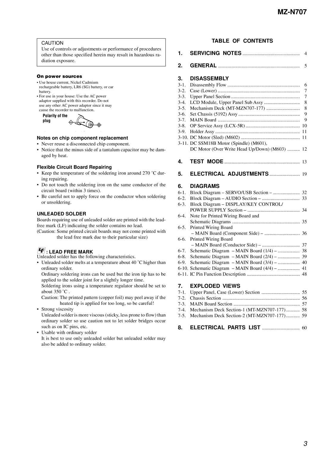 Sony MZ-N707 service manual Table of Contents, Disassembly, Diagrams, Exploded Views, Flexible Circuit Board Repairing 