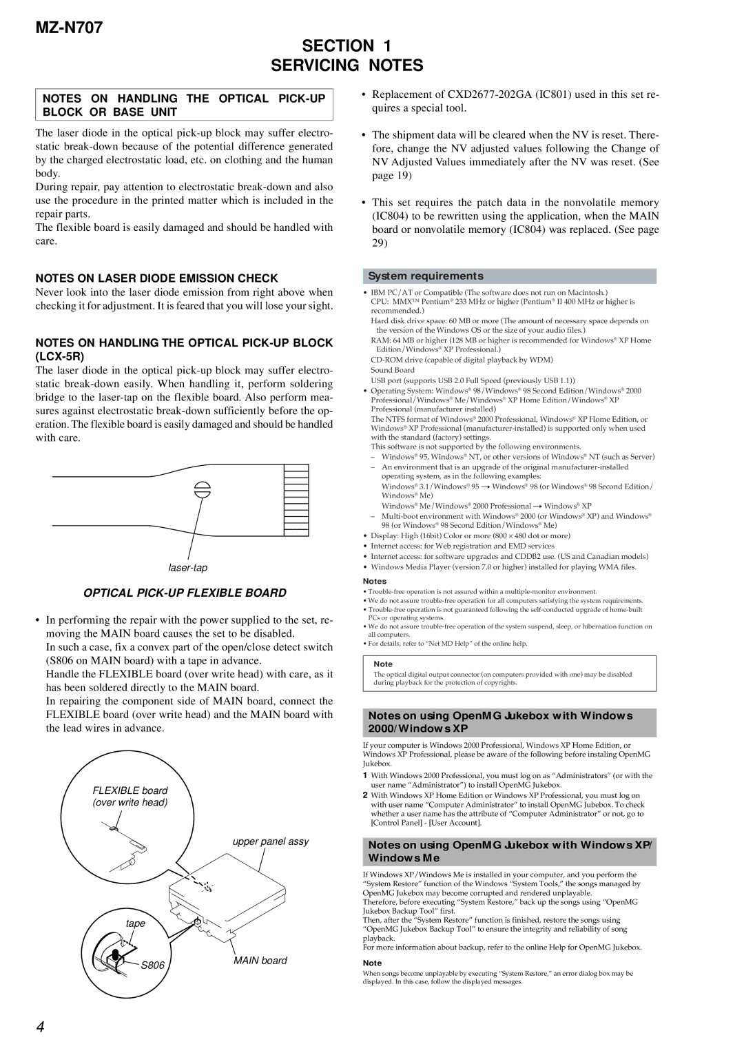 Sony MZ-N707 service manual Section Servicing Notes, System requirements 