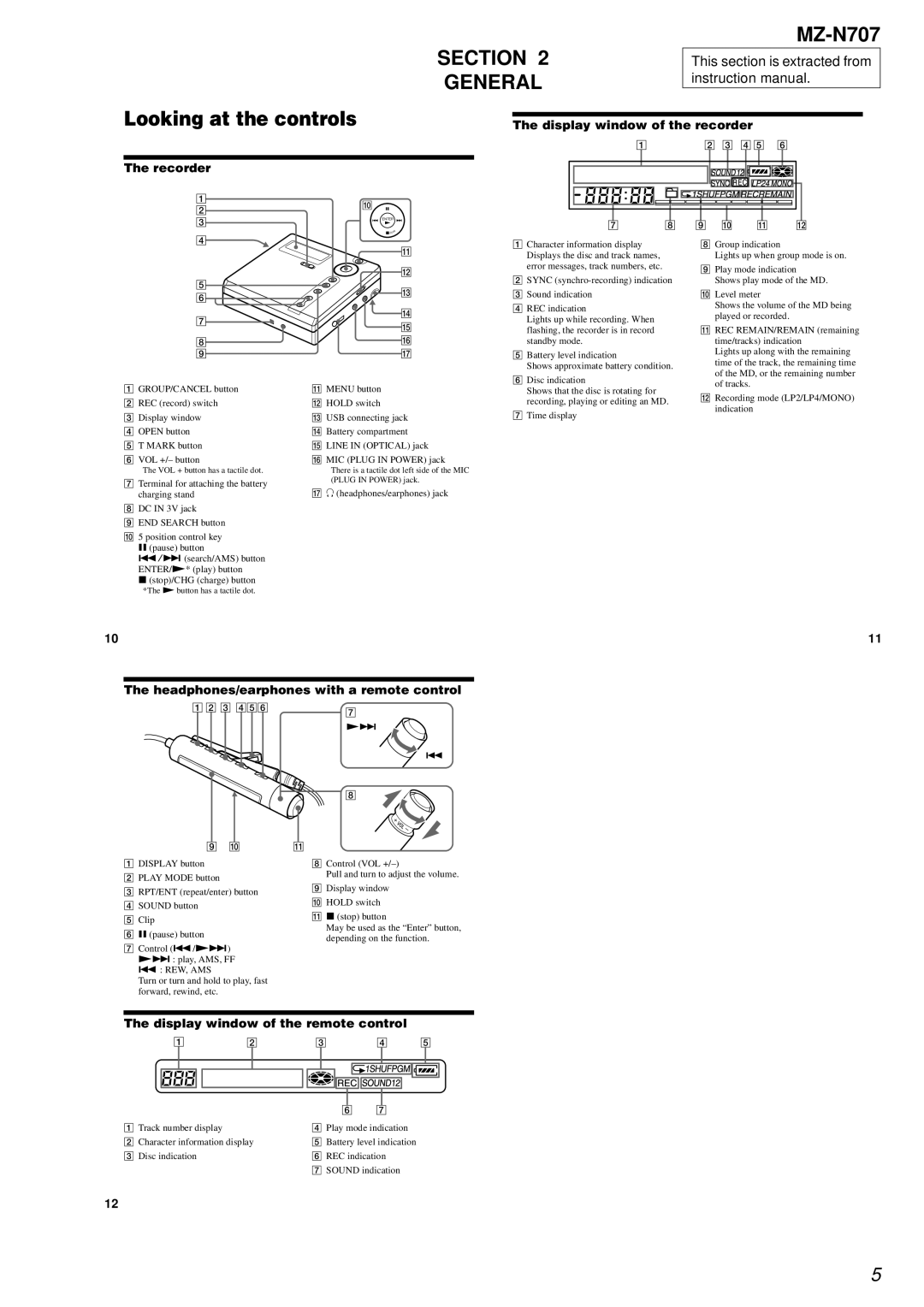 Sony MZ-N707 service manual Looking at the controls, Section General 