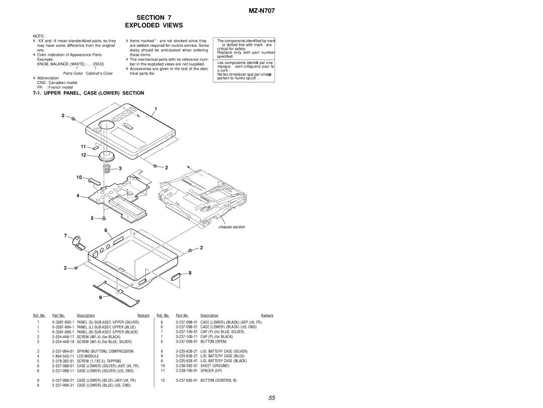 Sony MZ-N707 service manual Section Exploded Views, Upper PANEL, Case Lower Section 