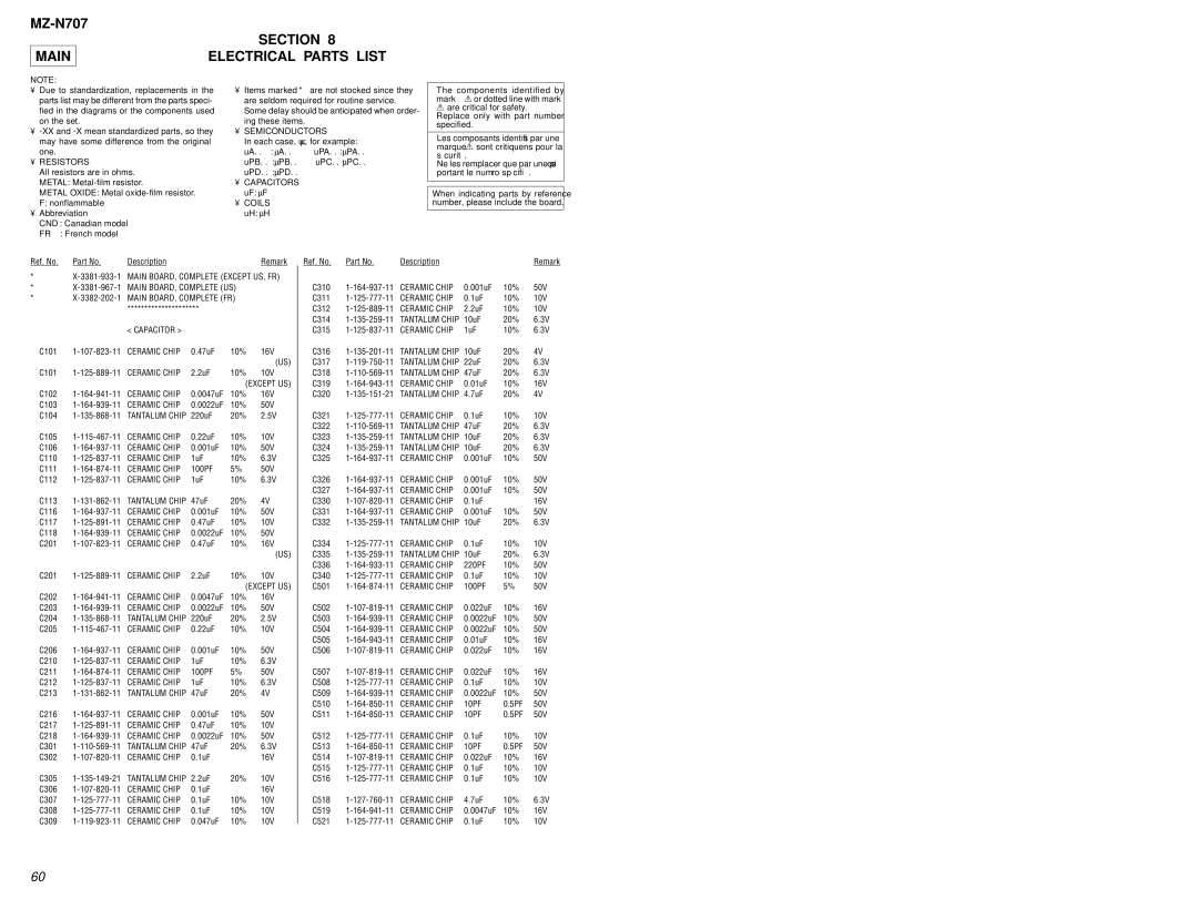 Sony MZ-N707 service manual Section, Main Electrical Parts List 