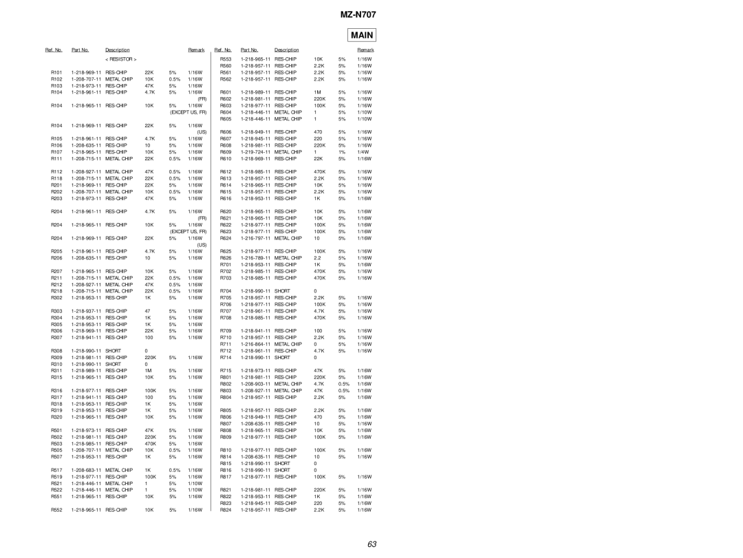 Sony MZ-N707 service manual Resistor 