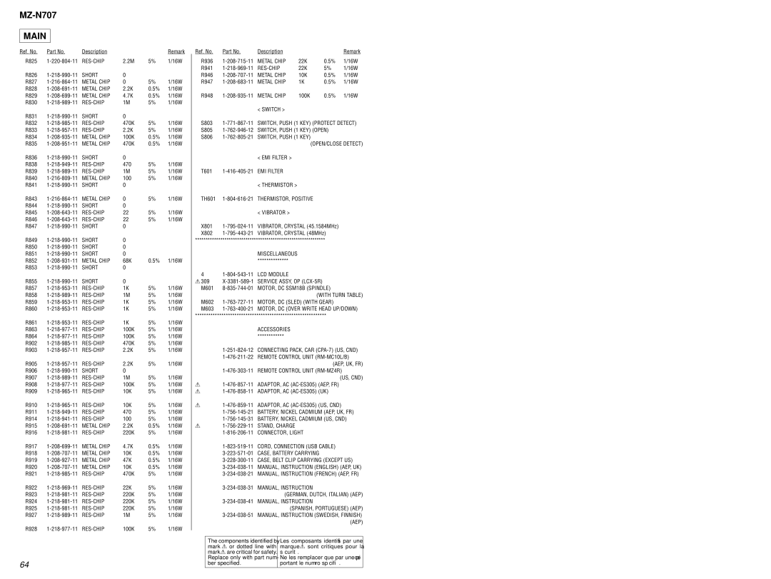 Sony MZ-N707 service manual OPEN/CLOSE Detect EMI Filter 