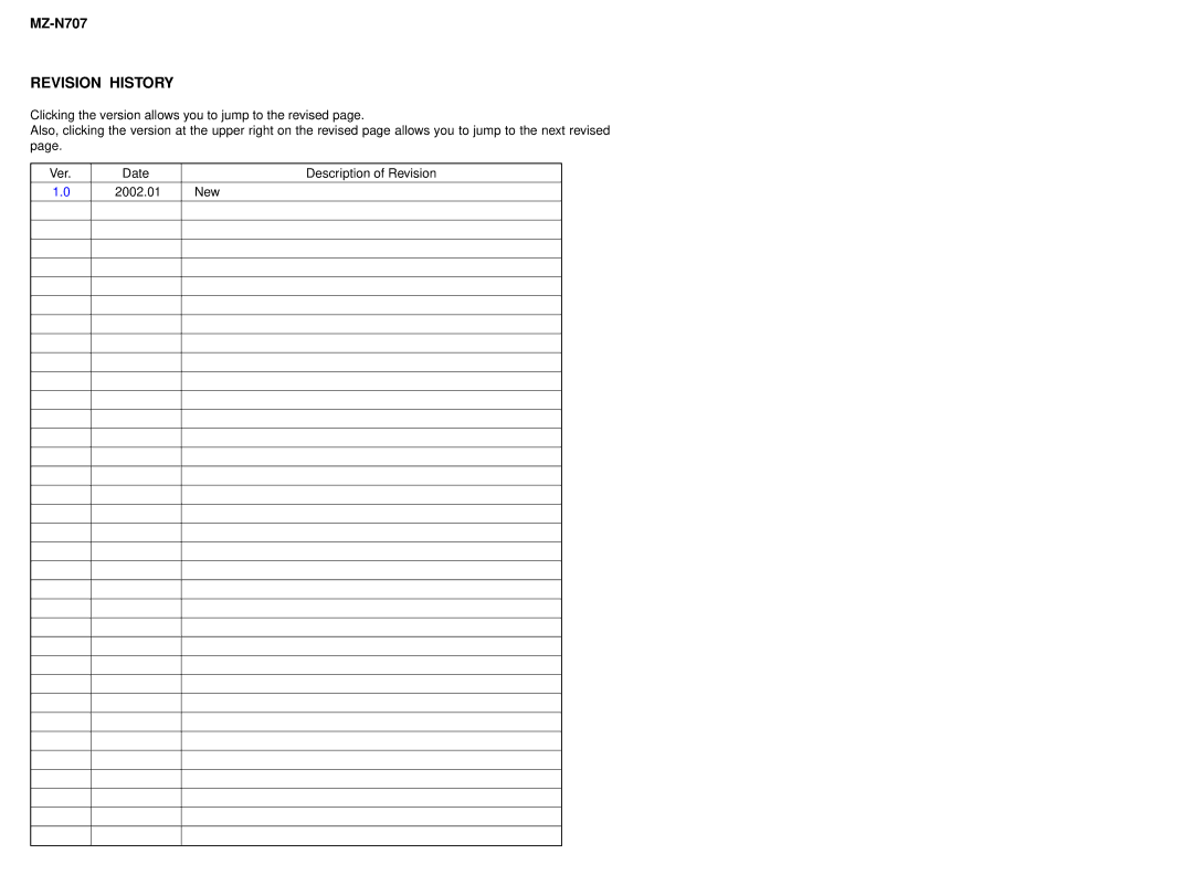 Sony MZ-N707 service manual Revision History 