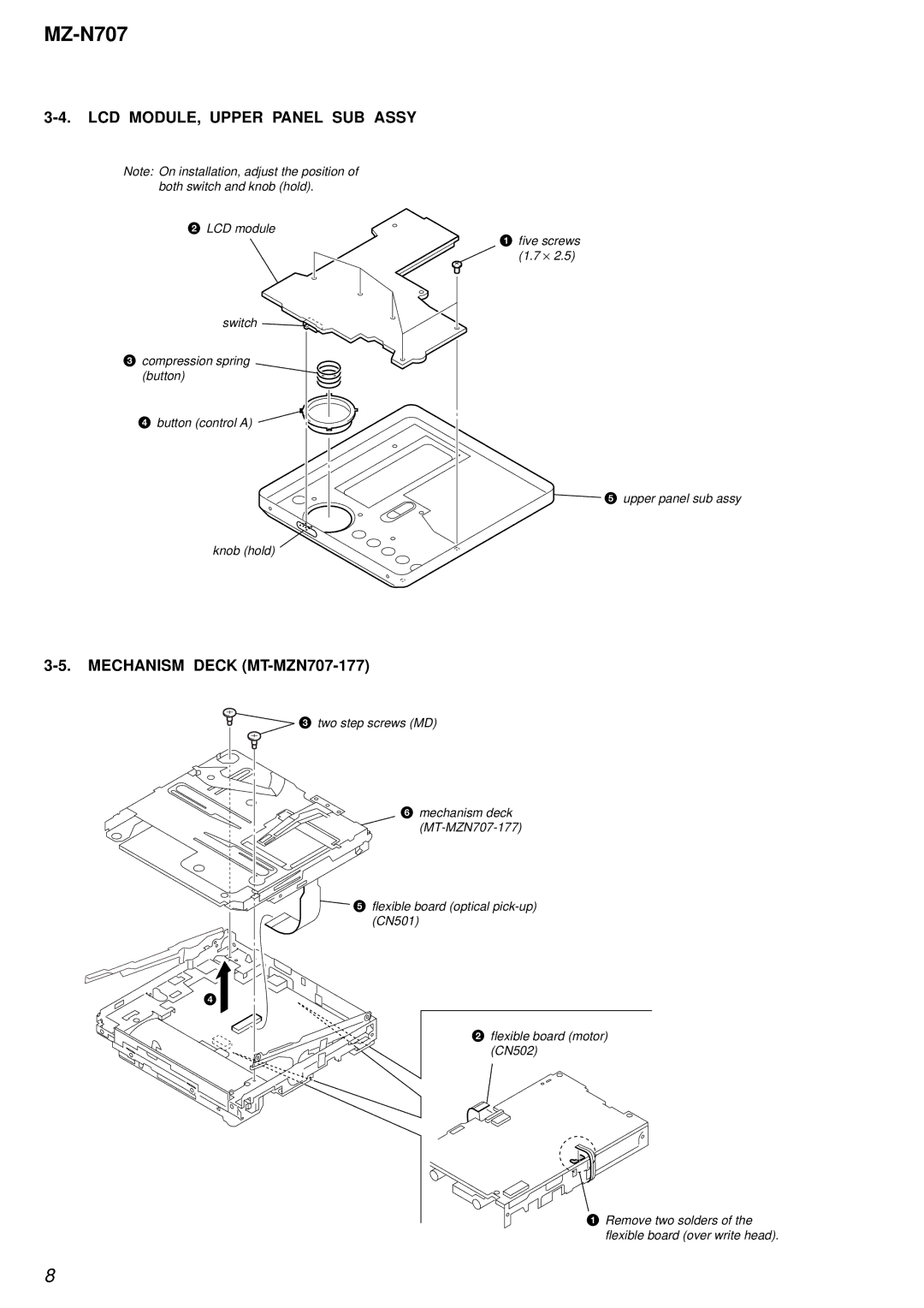 Sony MZ-N707 service manual LCD MODULE, Upper Panel SUB Assy, Mechanism Deck MT-MZN707-177 