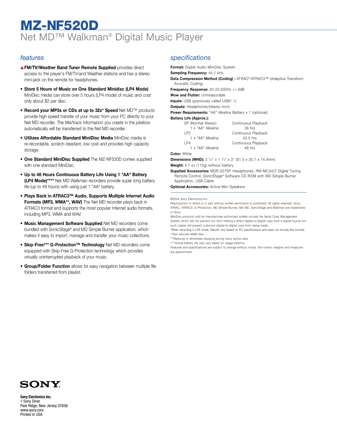 Sony MZ-NF520D manual Features, Specifications 