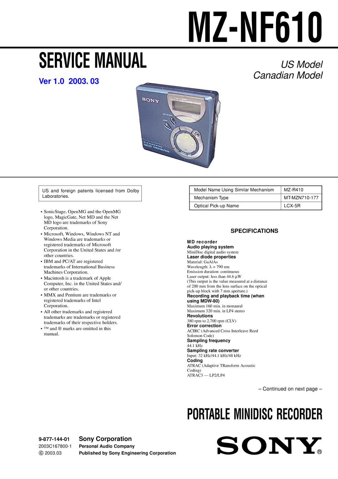 Sony MZ-NF610 service manual 