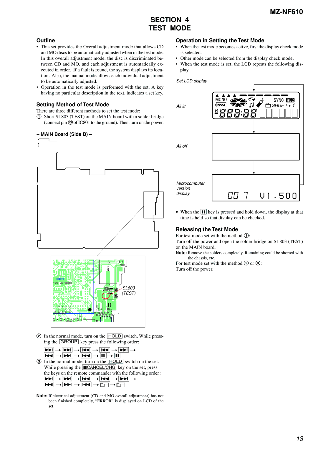 Sony MZ-NF610 service manual Section Test Mode, Outline, Setting Method of Test Mode, Operation in Setting the Test Mode 