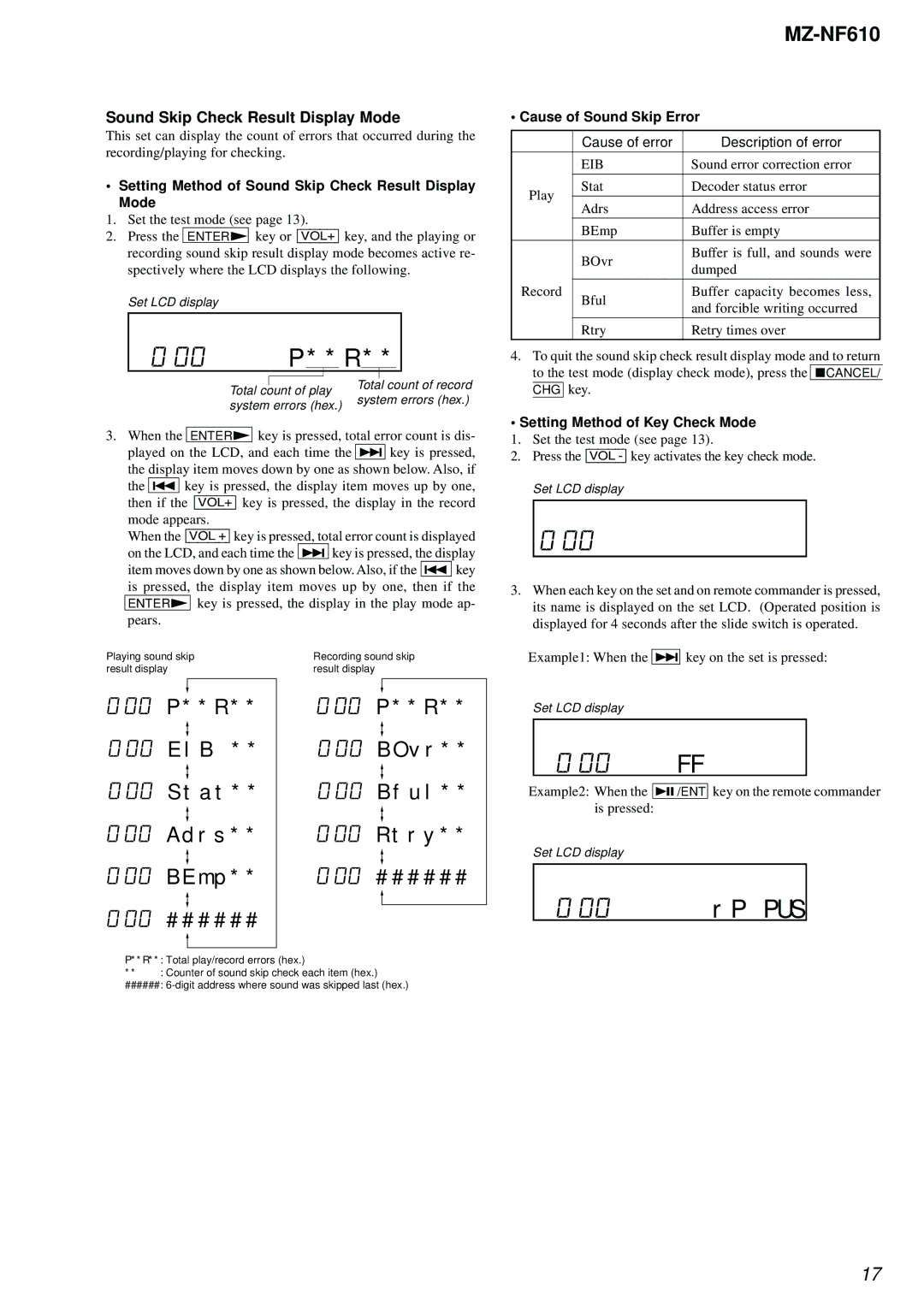 Sony MZ-NF610 service manual Setting Method of Sound Skip Check Result Display Mode, Cause of Sound Skip Error 