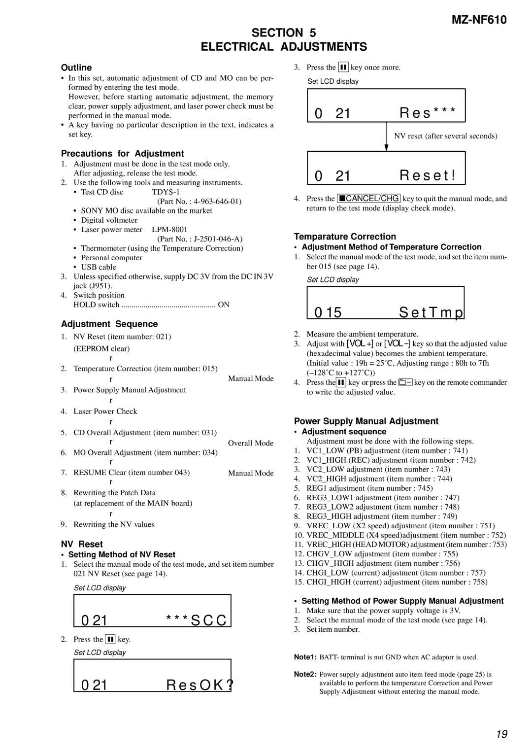 Sony MZ-NF610 service manual Section Electrical Adjustments 